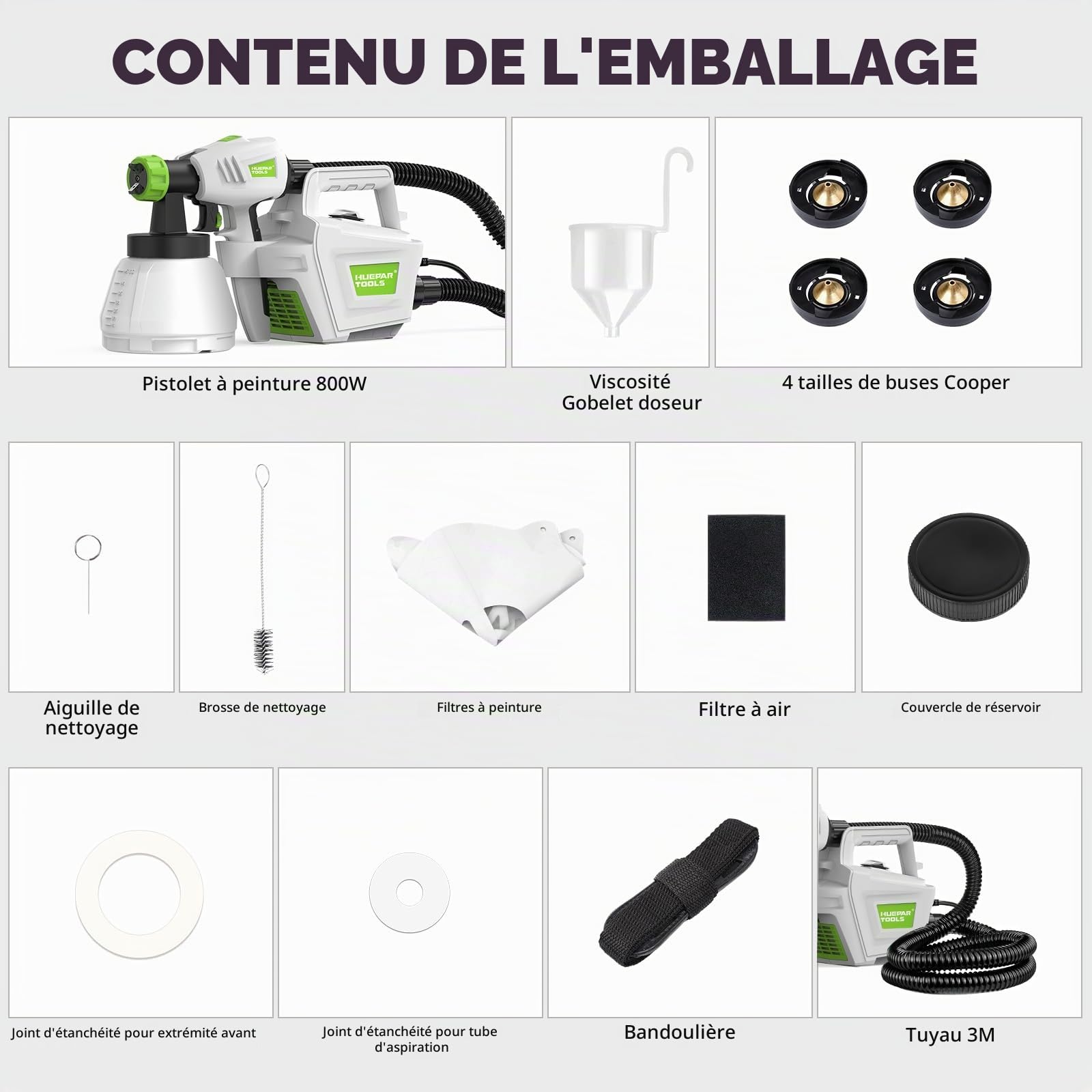 Huepar Tools Pistolet a Peinture,800W HVLP 4 Buses en cuivre et 3 Motifs,1300 ML Récipient Détachable,Trafic Réglable 1200ml/min,Trois Tailles Buse,Facile à Pulvériser et Propre-SG800 HT-SG800EU Gris
