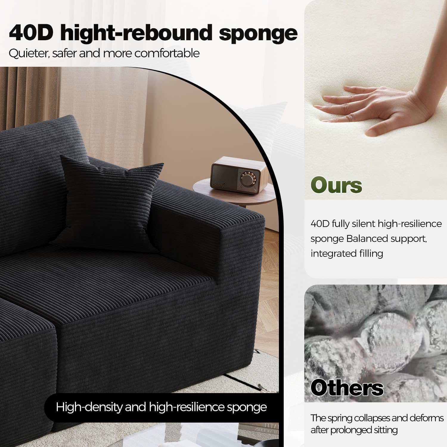 Boneless 2 in 1 Cloud Modular Sectional Sofa,108" Living Room Modern Minimalist L-Shape Couch with Deep Seat Chaise,No Assembly Required (1/Black, 2 Seater+Left Facing Chaise(2in1))