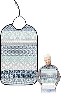 Bohemia Adult Bib for Eating with Crumb Catcher,Washable & Waterproof Terry Cloth Adjustable Elderly Women Men Adult Bibs Funny Apron Clothing Protector Blue Grey Boho Tribal Paisley Flower Plaid