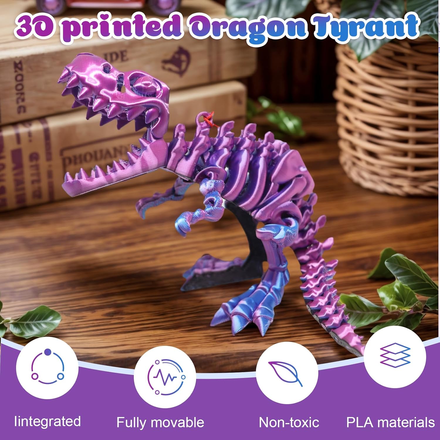 3D Printed Articulated Dinosaur Skeleton Figure Poseable Desk Display Model For Shelf Table Home Decoration
