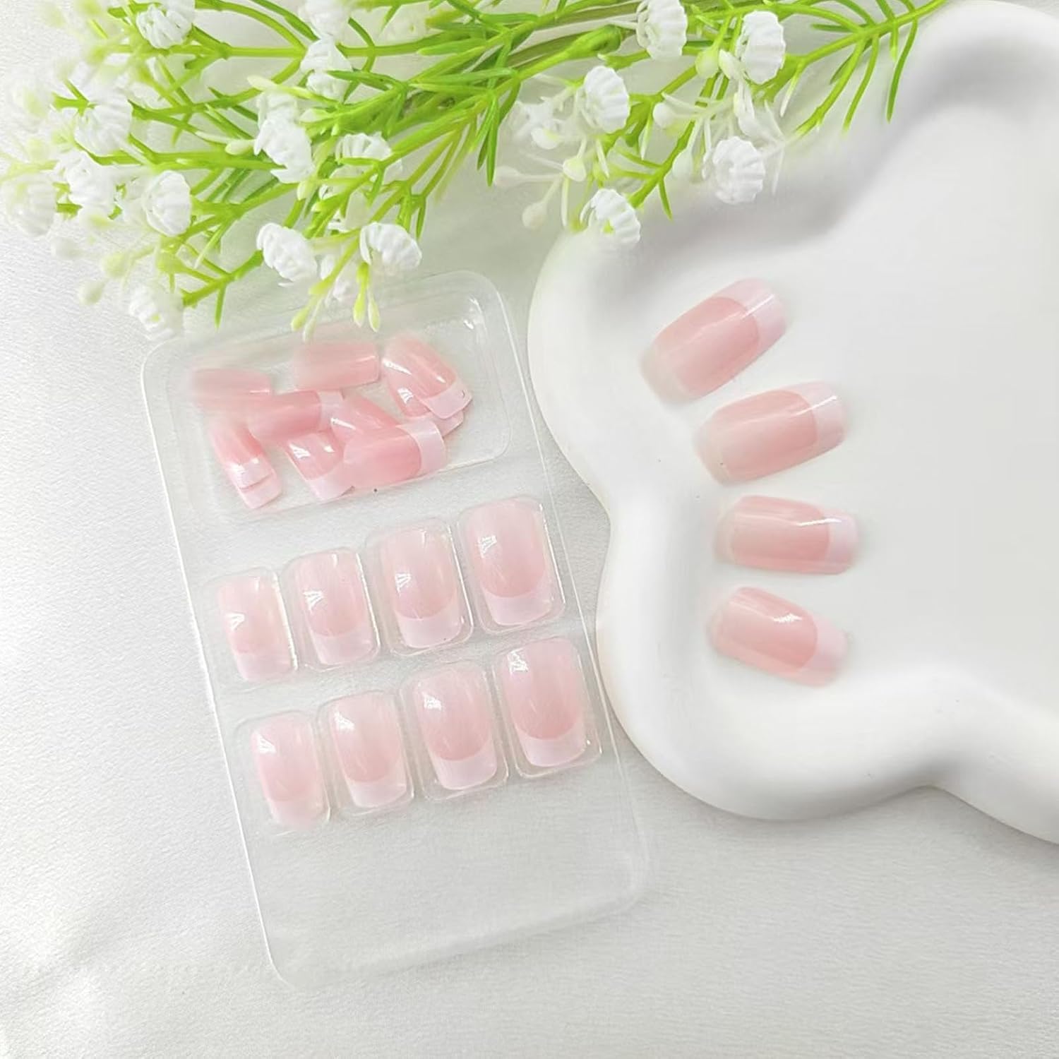 Medium Press on Nails Square White French Tip False Nails with Glitter Design Cute Fake Nails Light Pink Full Cover Nails Press ons Glossy Glue on Nails for Girls and Women 24Pcs
