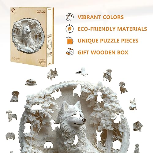 Miniatura 7 de Rompecabezas de madera para adultos, rompecabezas de madera para adultos y niños, rompecabezas de madera 3D con forma única de Samoyed en papel, 3d