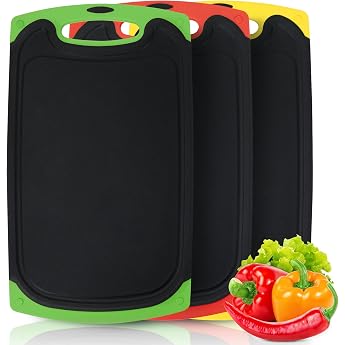 Chopping Board Set of 3 Black Plastic Chopping Board with Juice Grooves and Non-Slip Handles Chopping Boards Large Antibacterial Kitchen Board BPA-Free for Kitchen Fruit/Vegetables/Meat