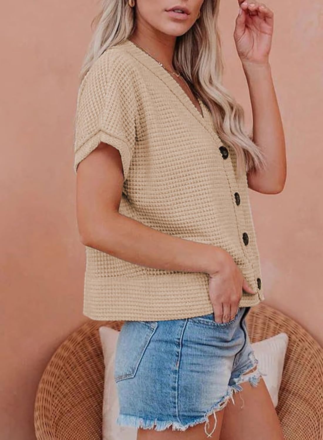 Eytino Womens Plus Size Tops Casual V Neck Short Sleeve Waffle Knit Button Down Shirts(1X-5X) - Image 2