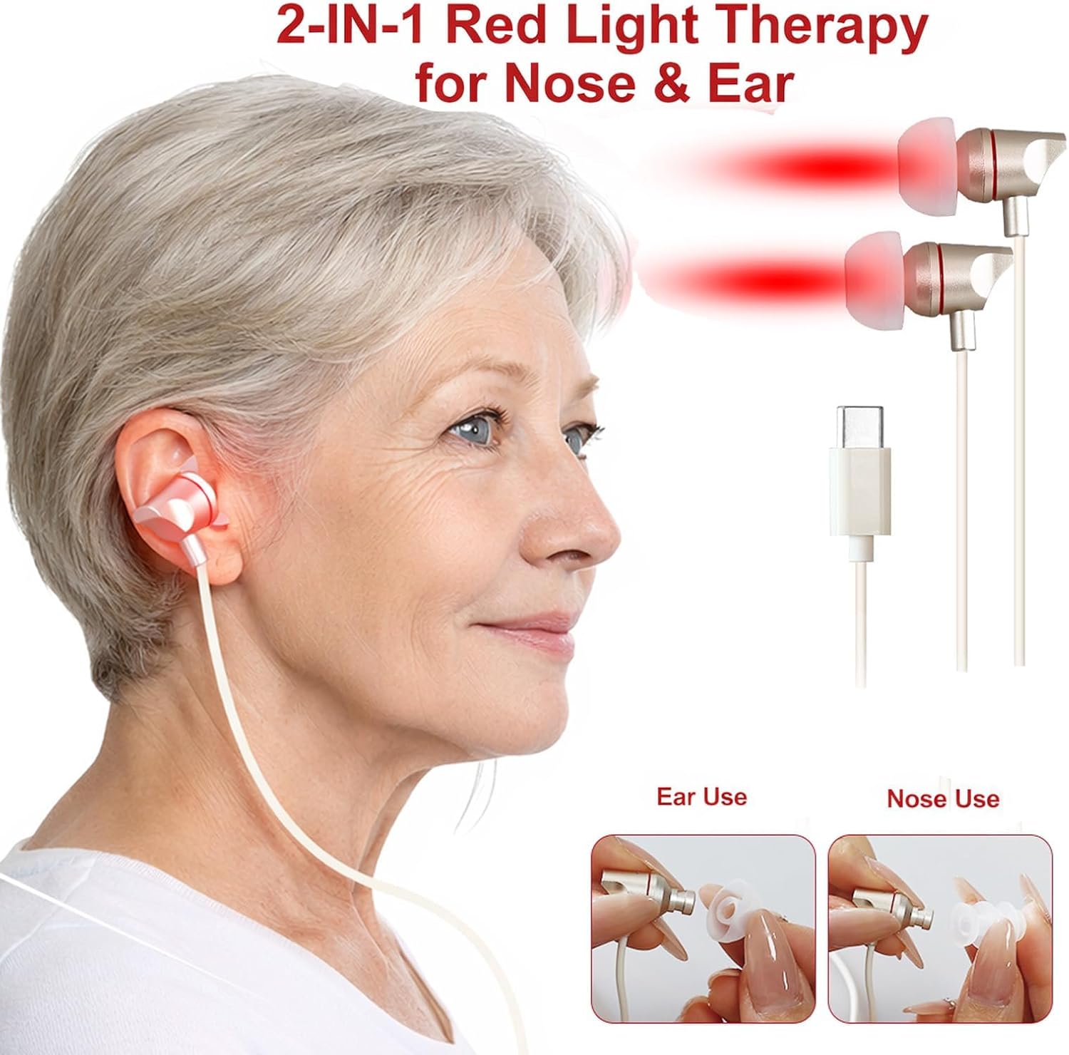 2026 Upgraded 2-in-1 Red Light Device for Ears & Nose, 650nm Ear & Nasal Light for Daily Ear Care & Comfort, Hearing Wellness Support, Type-C Powered Design