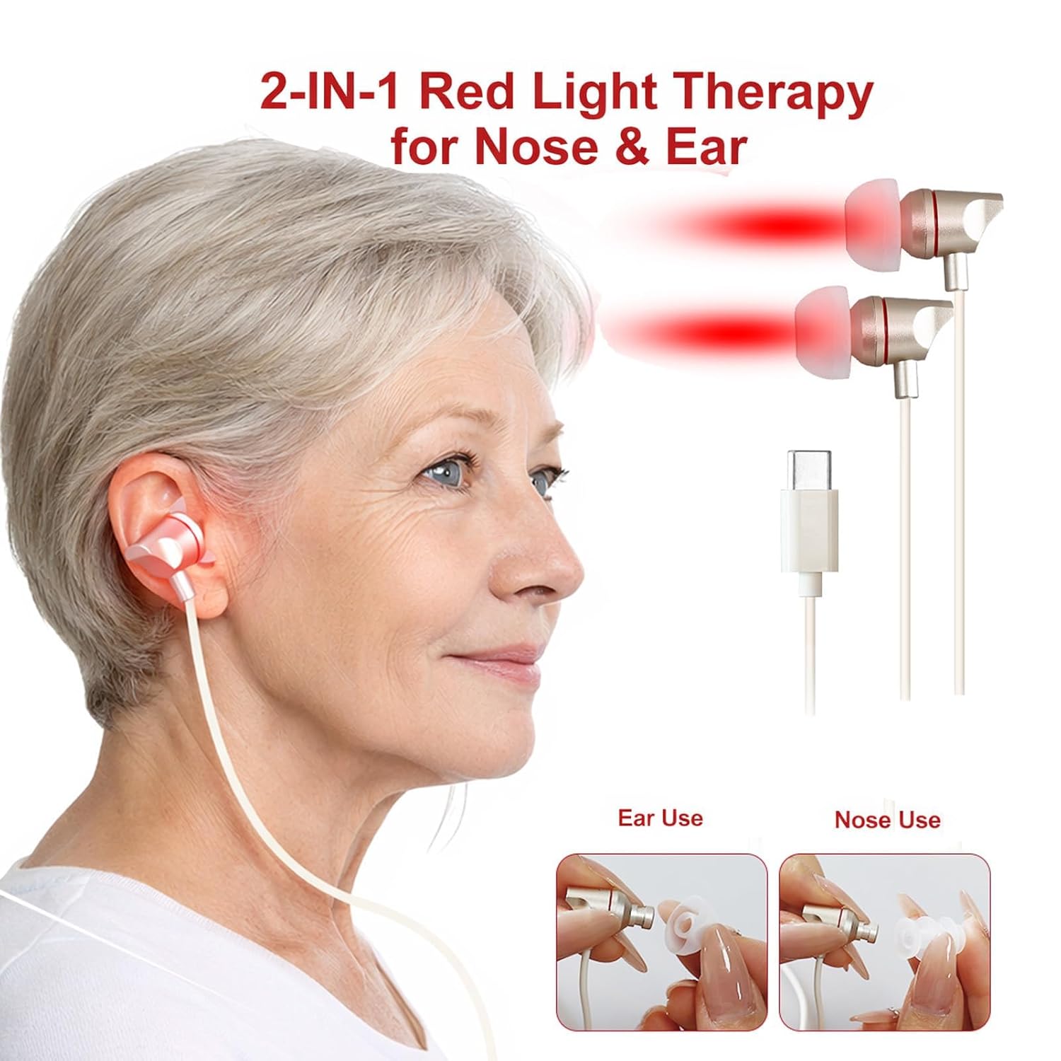 2026 upgraded 2-in-1 red light therapy device for ears & nose – 650nm red light for ear & nasal wellness, type-c plug-in design