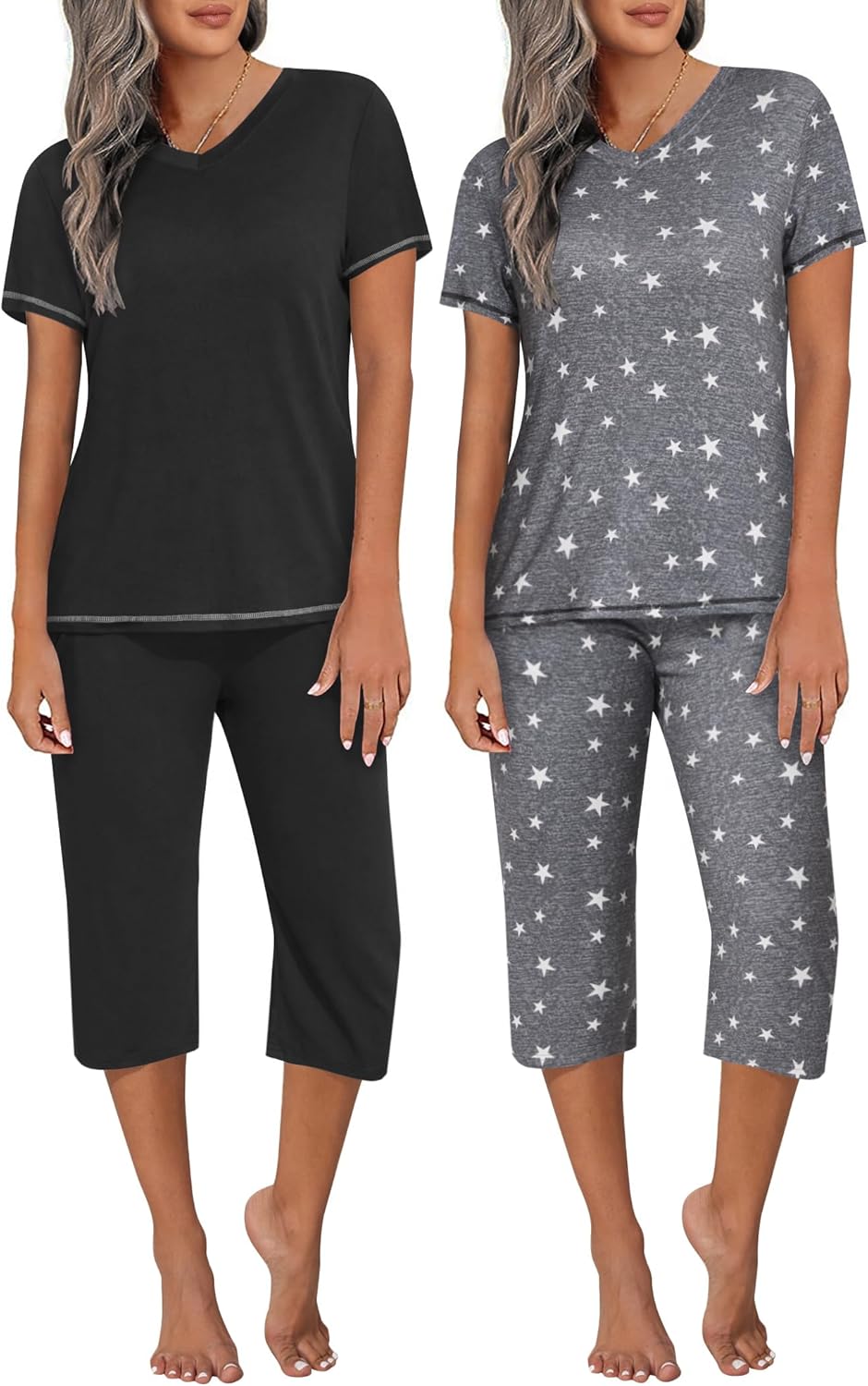 Ekouaer 2 Pack Women's Pajama Sets Short Sleeve Two-Piece Pjs V Neck Tops & Capri Pants Printed Lounge Sets S-3XL