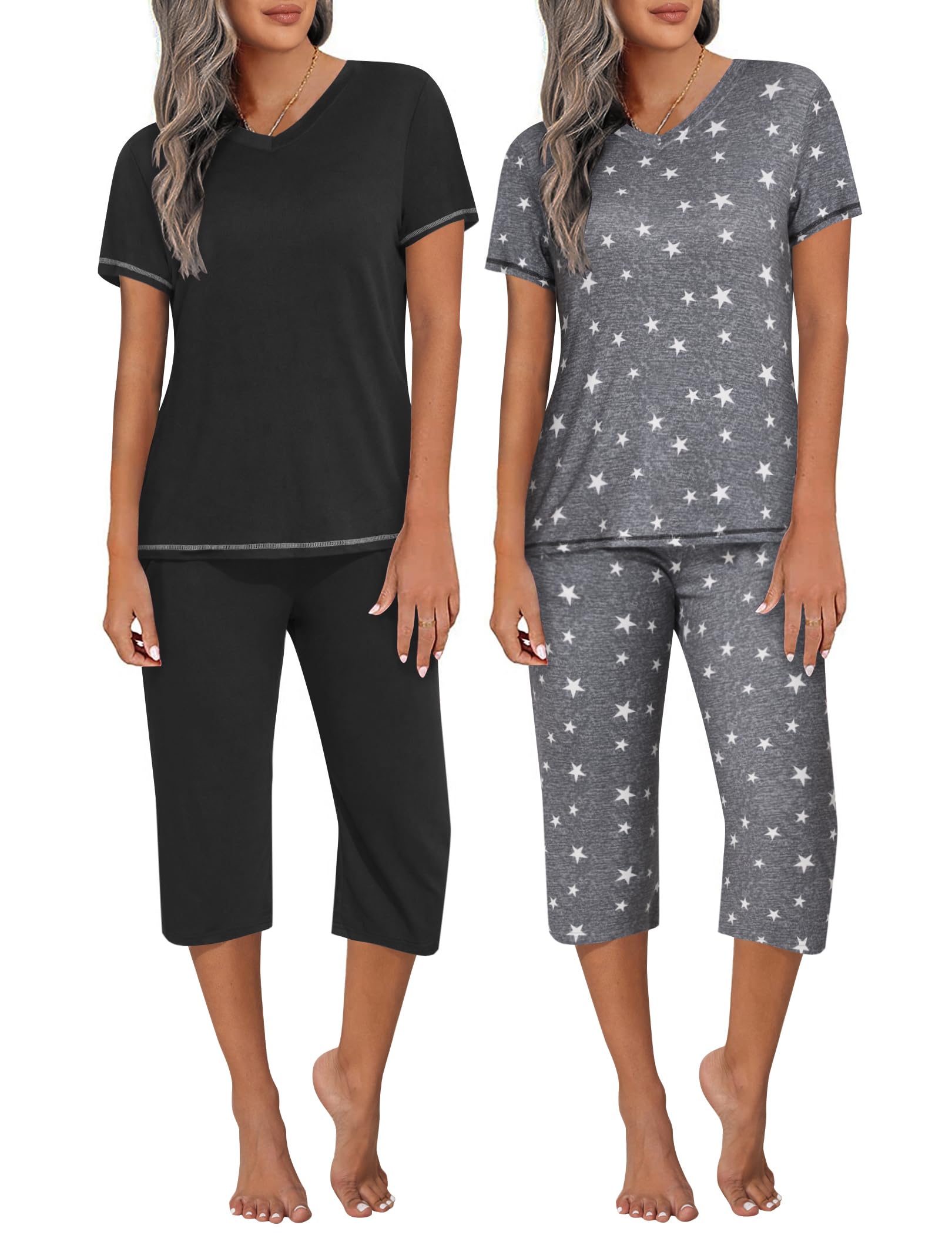 Ekouaer 2 Pack Women's Pajama Sets Short Sleeve Two-Piece Pjs V Neck Tops & Capri Pants Printed Lounge Sets S-3XL