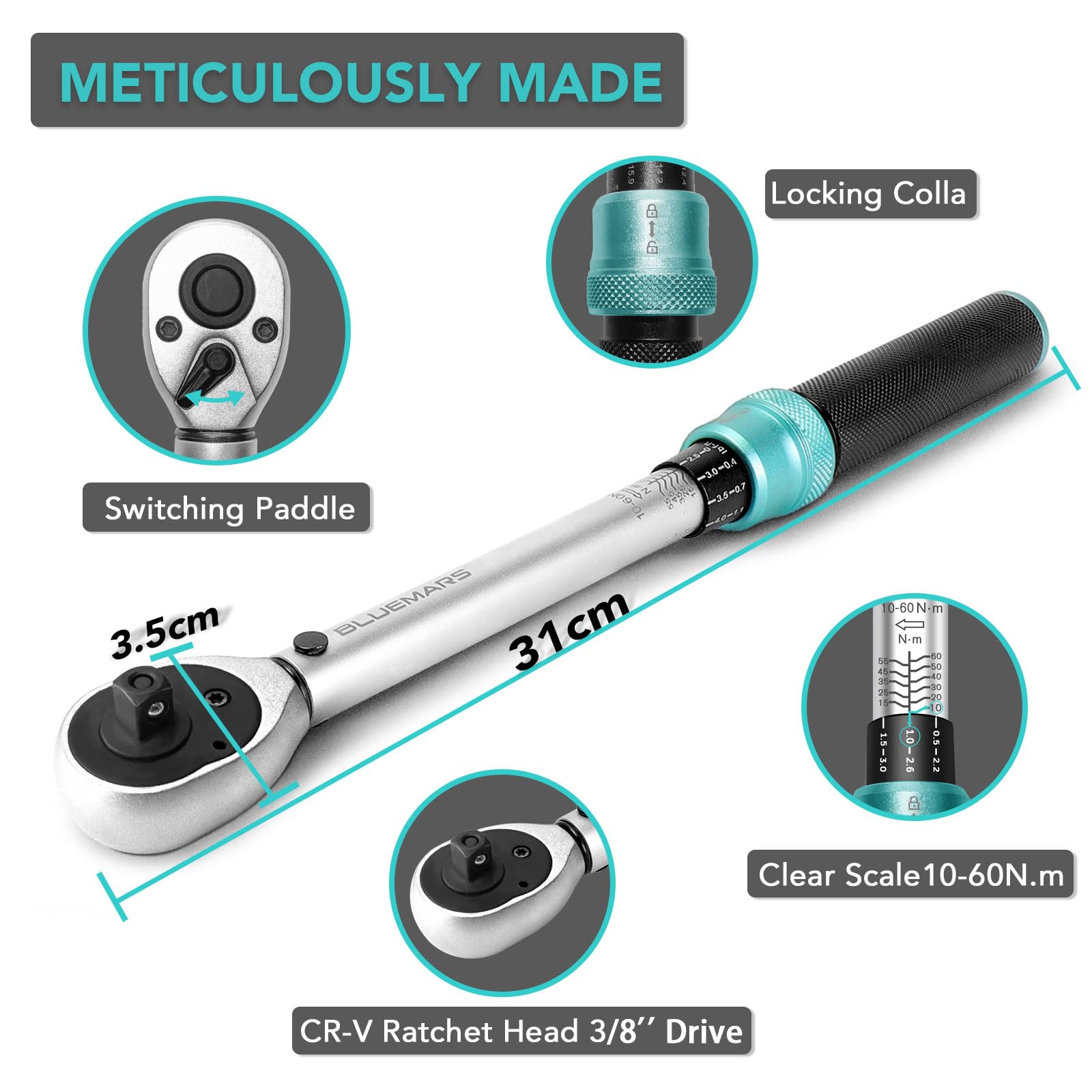 BLUEMARS Ratchet Torque Wrench 3/8 Inch Drive Click 10-60Nm/7.4-44.3FT.LB, 3/8 Inch 72-Tooth - Image 3