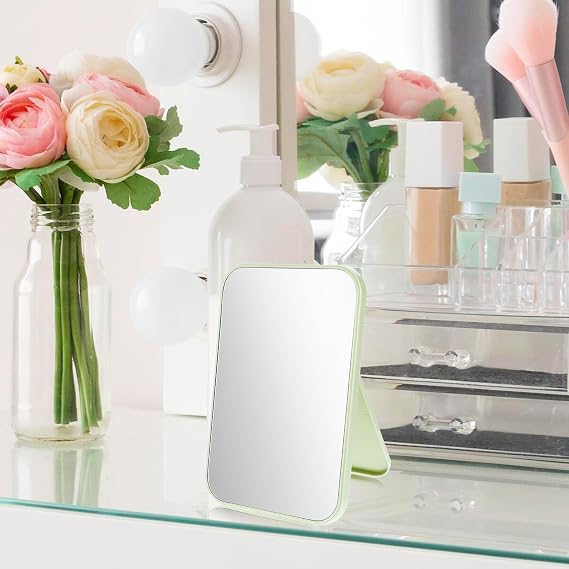 Table Desk 8-Inch Portable Folding Mirror with Adjustable Stand for Vanity Makeup - Small Tabletop Design for Bathroom, School, Locker, Household, Refrigerator, Office, Camping