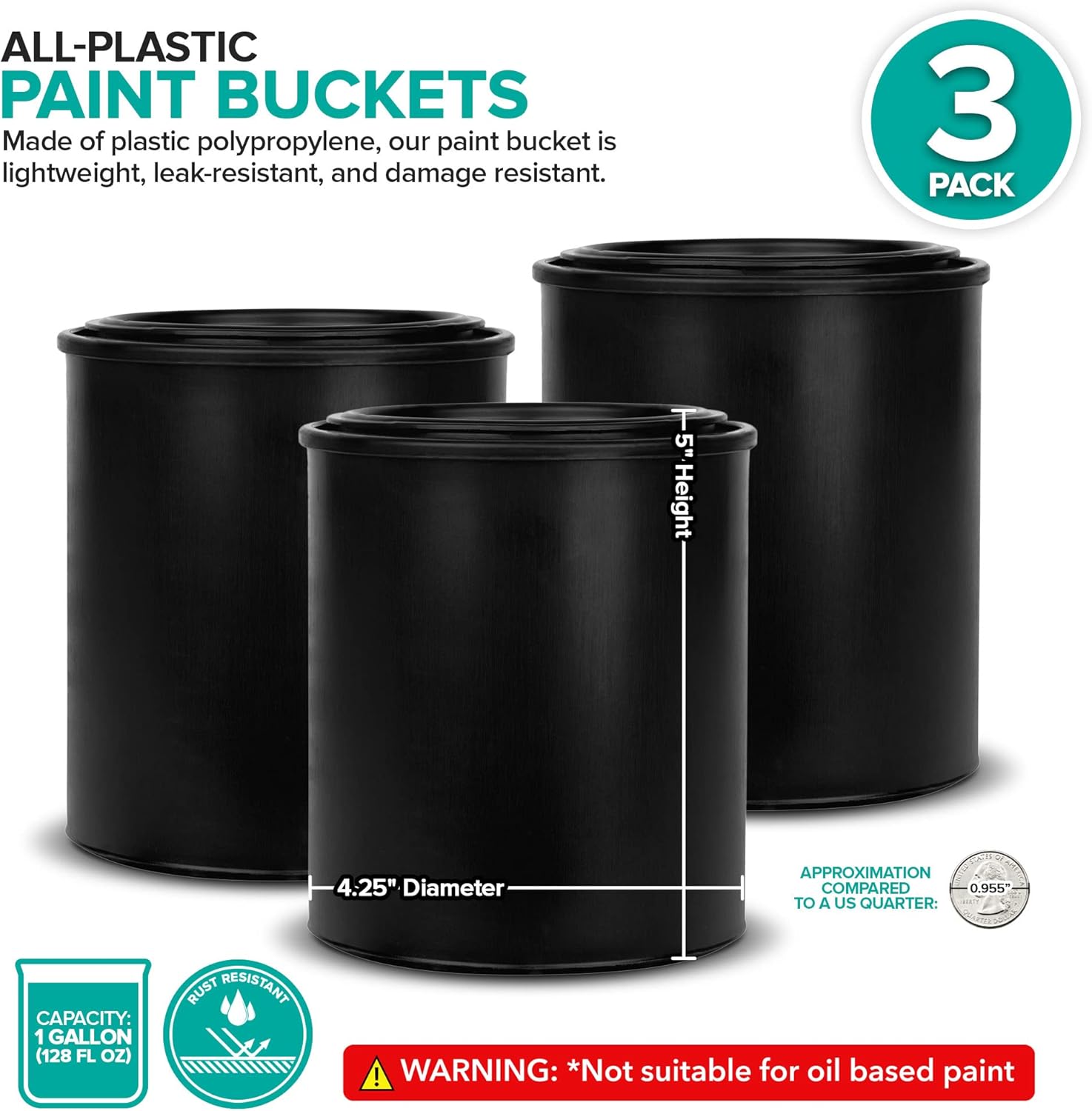1-Quart Plastic Paint Bucket (3 Pack) - Triple Lock Airtight Seal - Minimizes Skimming - Rust Proof - Odor & Chemical Resistant - 32 Fl Oz All-Plastic Paint Can with Snap On Lid - Stock Your Home - Image 2