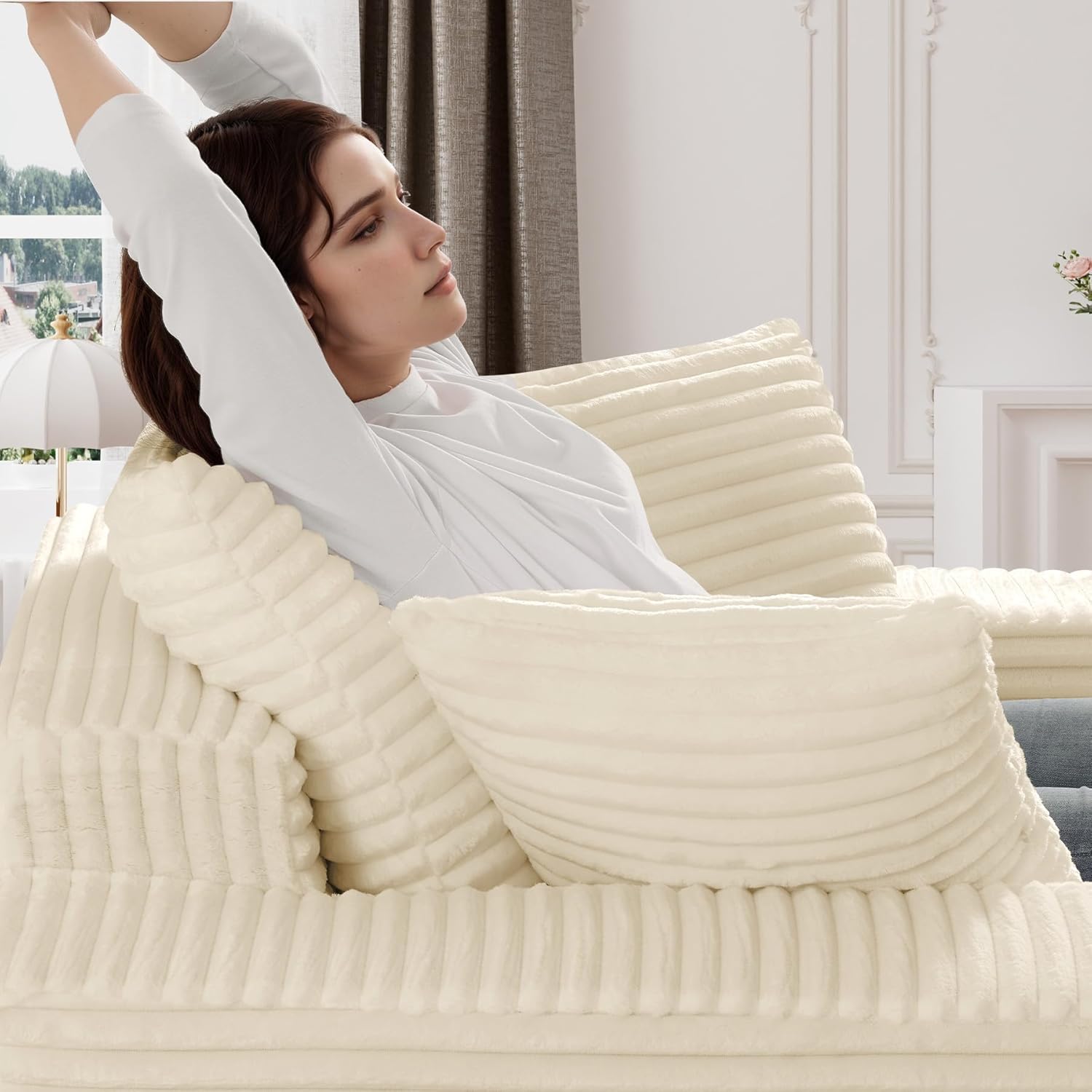 50" W x 66" D Oversized Chaise Lounge Chair Indoor Boneless Reading Chair Faux Fur Recliner Large Deep Seat Upholstered Sleeper Comfy Sofa Bed Couch with Pillows for Living Room, Beige White 2Pcs Set