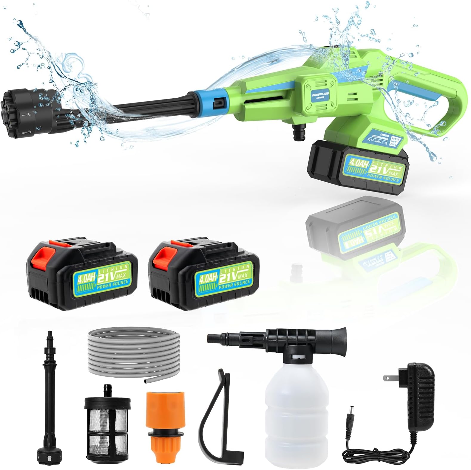 Cordless Pressure Washer, 970PSI Brushless Portable Pressure Washer,3 Adjustable Levels with 6-in-1 Nozzle, 2×4.0Ah Battery Operated Pressure Washer for Car, Bike, Boat, Fence Cleaning, Green