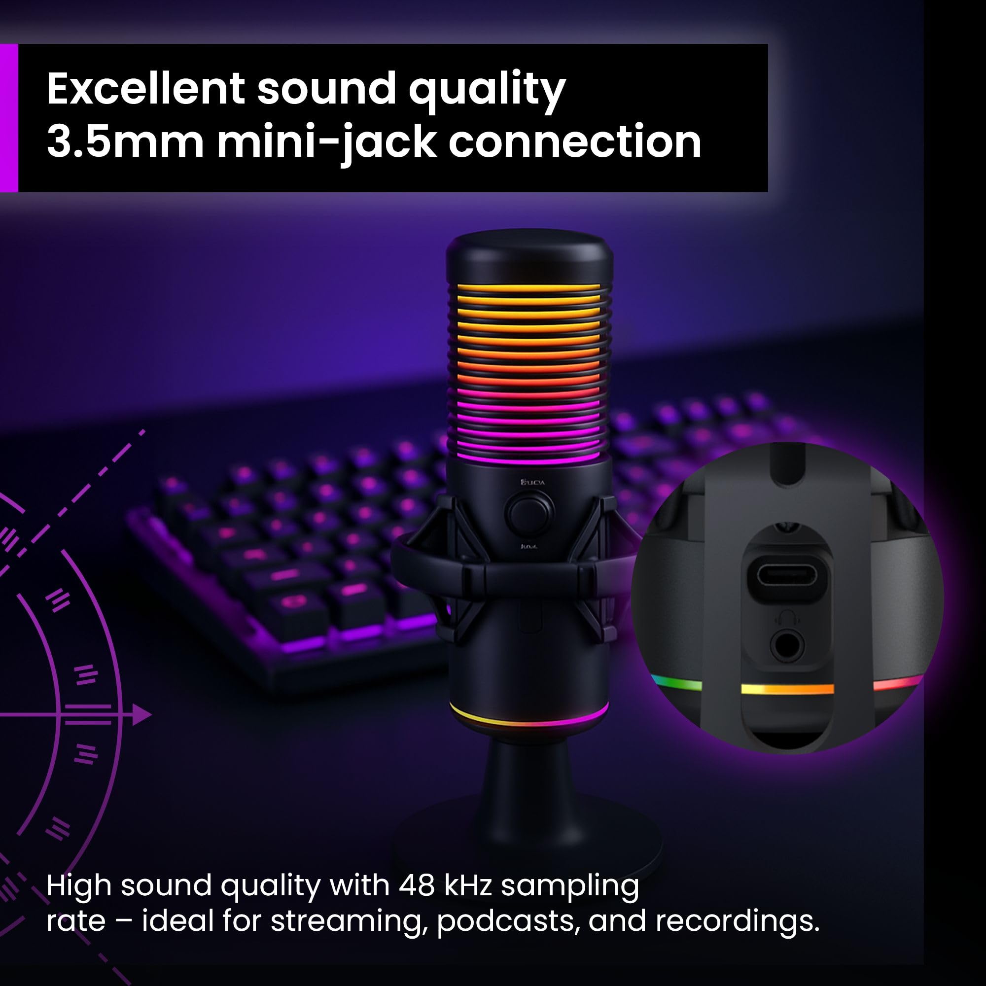 PREYON Microfono PC Gaming RGB USB per Video Social Podcast Condensatore Professionale Streaming con Asta Asmr - Laptop Cantare Registrare Canzoni Micro con Pulsante di Silenziamento – Nero
