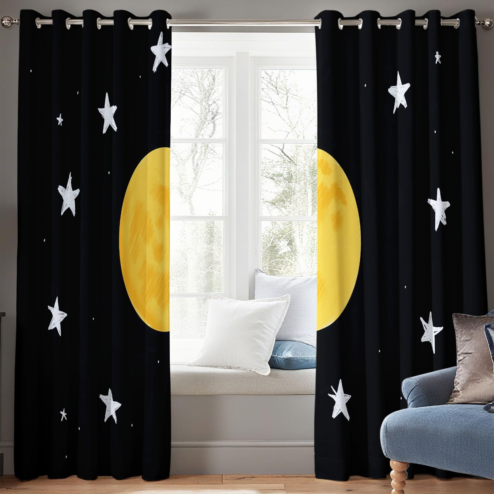 Cortinas Opacas Termicas Aislantes Frio y Calor de Casa Cortina 100% Blackout Libro Ilustrado Infantil Estrellas Y Luna, Acustica con Ojales para Salon Dormitorio 2 Piezas, Negro, 91.5 x 214 cm
