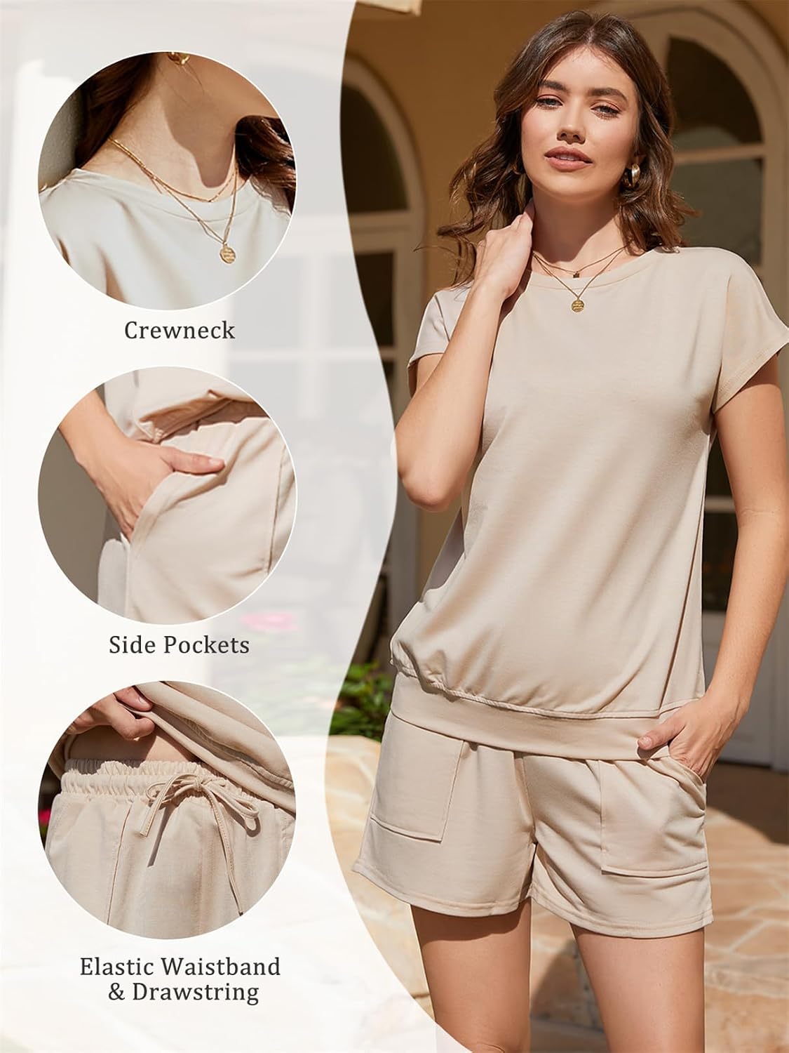 Summer Sets Women 2 Piece Outfits Crew Neck Cap Sleeve Beach Drawstring Sweatsuit Lounge Set with Pocket