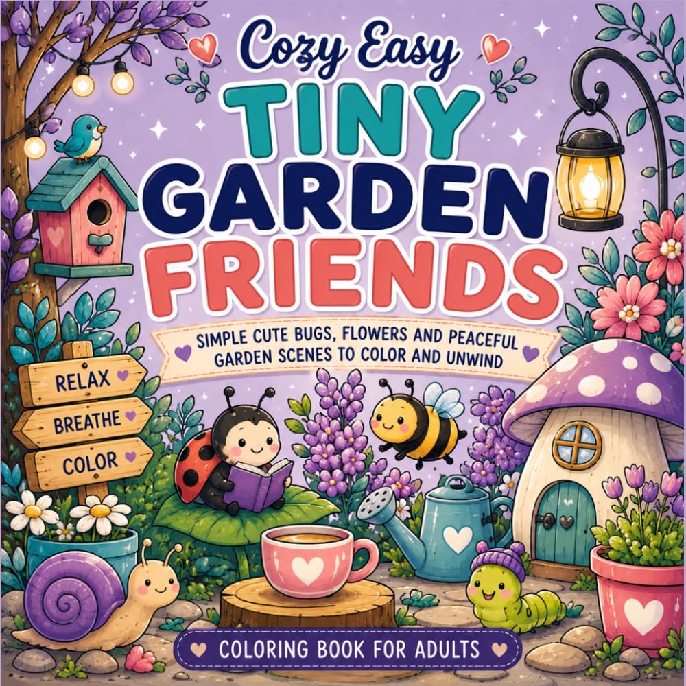 Cozy Easy Tiny Garden Friends: Simple Cute Bugs, Flowers and Peaceful Garden Scenes to Color and Unwind for Relaxation and Stress Relief
