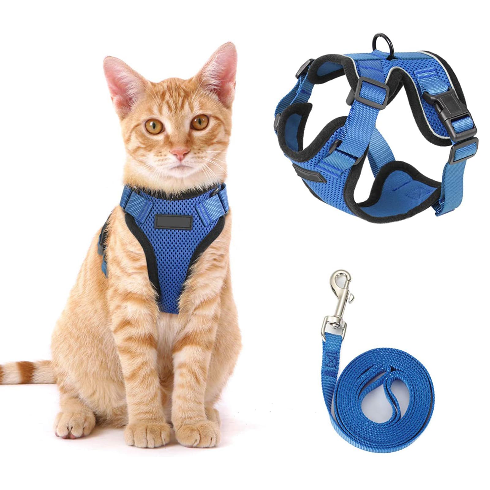 Arnes para Gatos Antiescape con Correa, Chaleco Ajustable y Transpirable para Gatitos y Perros Pequeños, Arnés Gato con Tiras Reflectantes para Paseo Seguro, Azul, Talla M