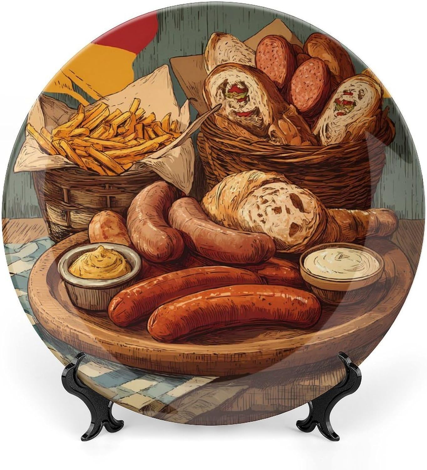 German Sausages French Fries Decorative Plates for Display Ceramic Plate Tray with Stand Hanger Home Decor