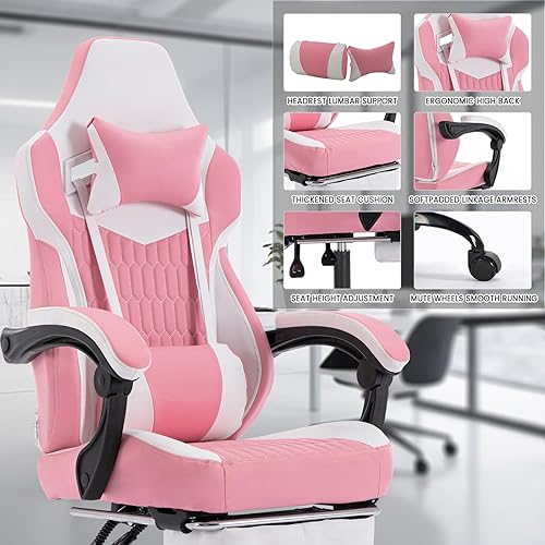 Miniatura 7 de Silla ergonómica de cuero para juegos con reposapiés, bonita silla de juegos rosa con cómodo reposacabezas y soporte lumbar para adultos, mujeres y