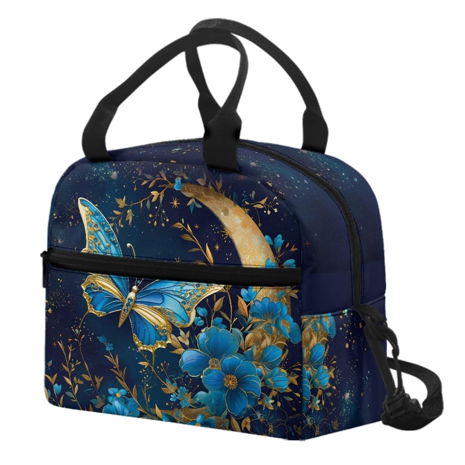 Lindas bolsas de almuerzo con diseño de mariposa azul para adolescentes y niñas, lonchera pequeña aislada para mujer, con correa y cremallera, bolsa de almuerzo reutilizable para el trabajo