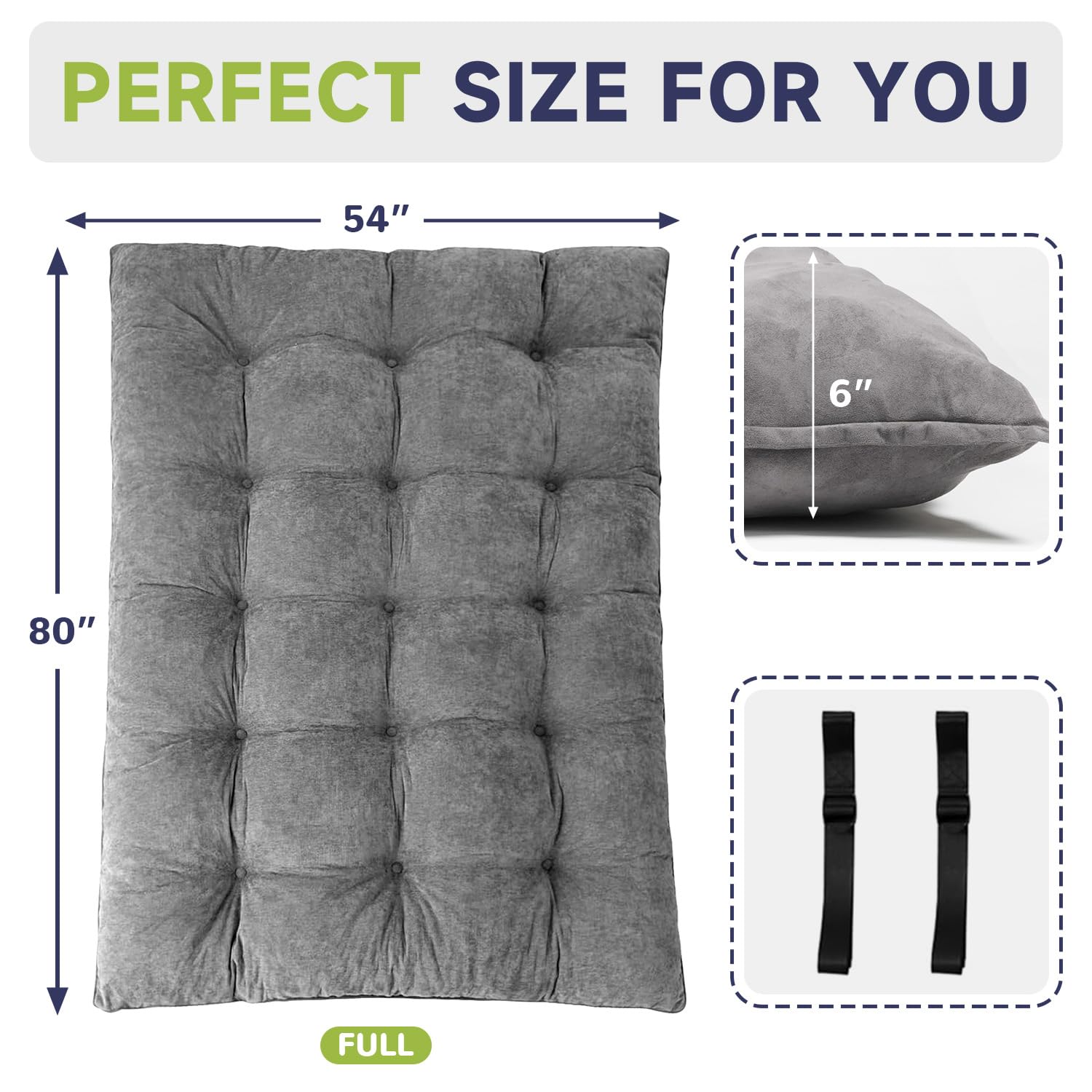 6" Futon Mattress Full Size, Tufted Futons Sofa Couch Bed with Twisted Rope Design Edging,Versatile Floor Mattress for Adults，Shredded Foam Filling (Frame Not Included Gray, Full)