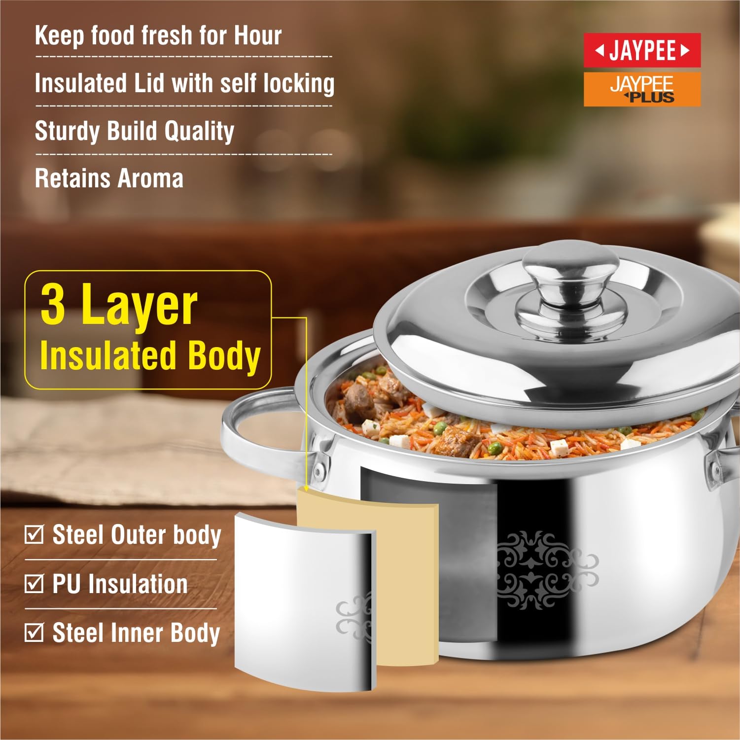 JAYPEE SteelGrip Stainless Steel Casserole 2 Liter PU Insulated with Side Handles Press Fit Lid BPA Free Food Grade Hot Pot for Meal Easy to Store Ideal for Pulao Chapatti Roti Serving Casserole Set 1