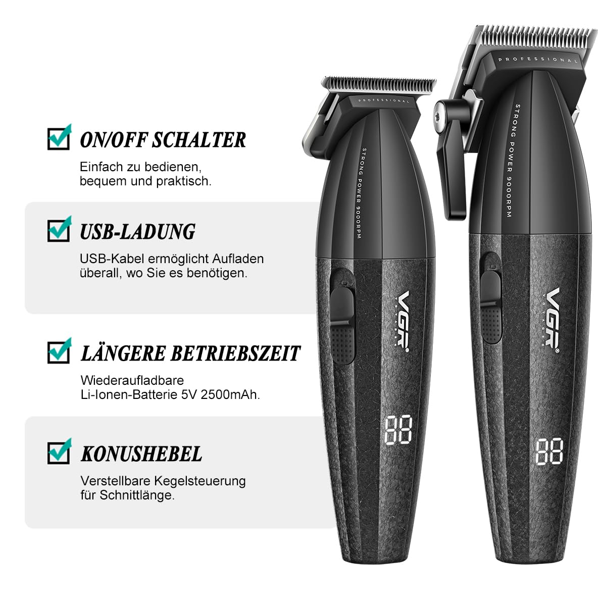 VGR 640 Professionelle Haarschneider für Männer, Kabellose Barber Clipper und Trimmer Set, Zero Gap T-Klinge Haarschneidekit, DLC-beschichtete Keramikklinge, Premium Barber Kit mit LED-Anzeige | 9000 U/min; Dual-Speed; 2500mAh/2000mAh Akku; 250min/240min