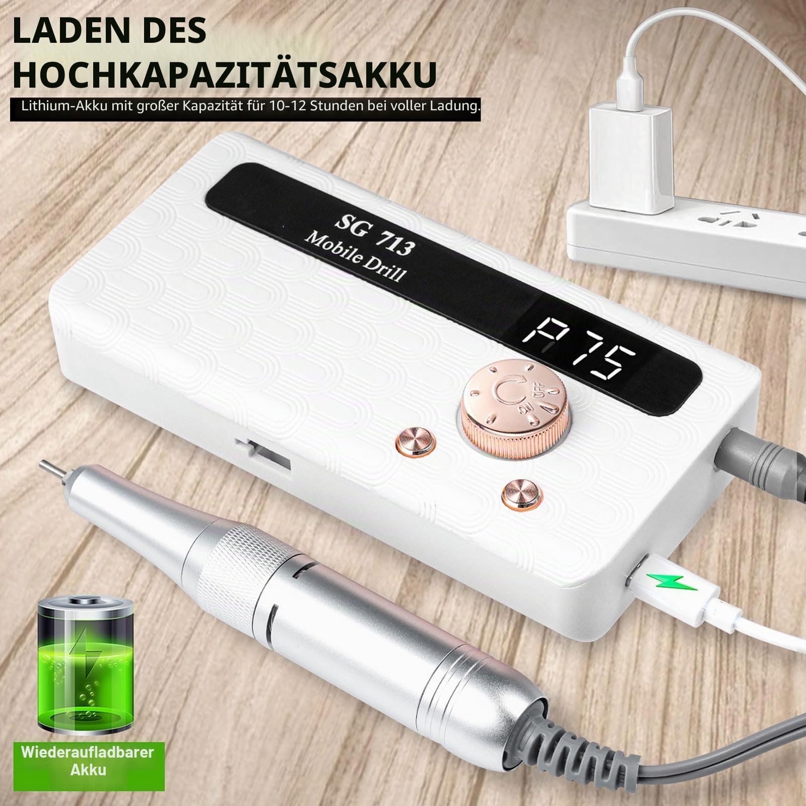 Elektrischer Nagelfräser Professionell, 45000 U/min,Tragbare Nagelfeile für Acrylnägel Gelnägel, mit 13 Bits und 56 Schleifbändern, LED-Bildschirm, Ultra-Leise, Salon-Grade Efeil-Nagelmaschine (Weiß)