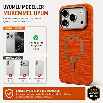 Ehr. iPhone 17 Pro ile Uyumlu Magsafe Wireless Şarj Özellikli Kamera Korumalı Beats Süet Desenli içi Kadife Silikon Arka Kapak (Turuncu, iPhone 17 Pro)