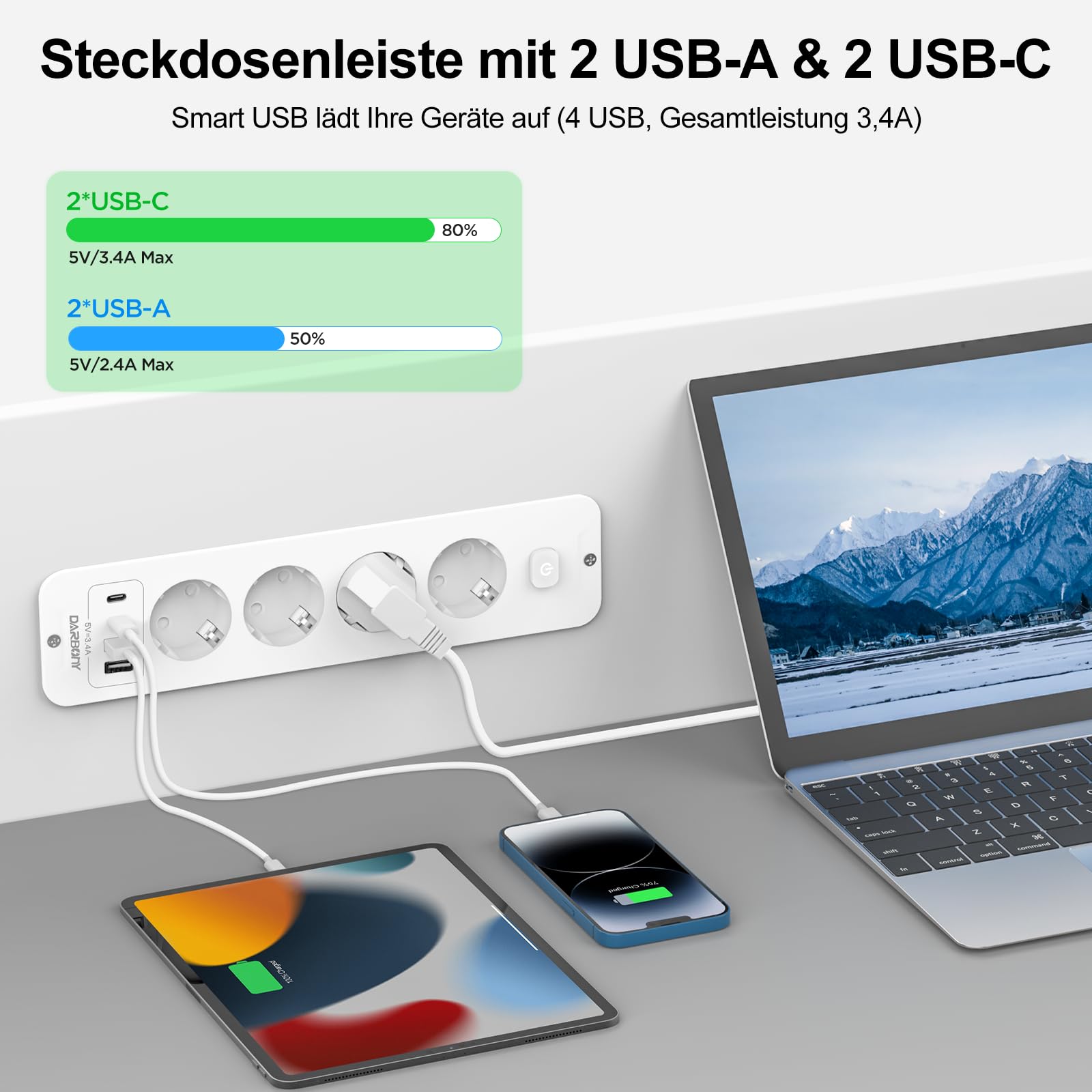 Wysuwane gniazdo z 2 USB C, 4 gniazda wtykowe 4000 W 16 A Gniazdo stołowe na blat stołu z 4 gniazdami USB listwa zasilająca kabel 2M biała
