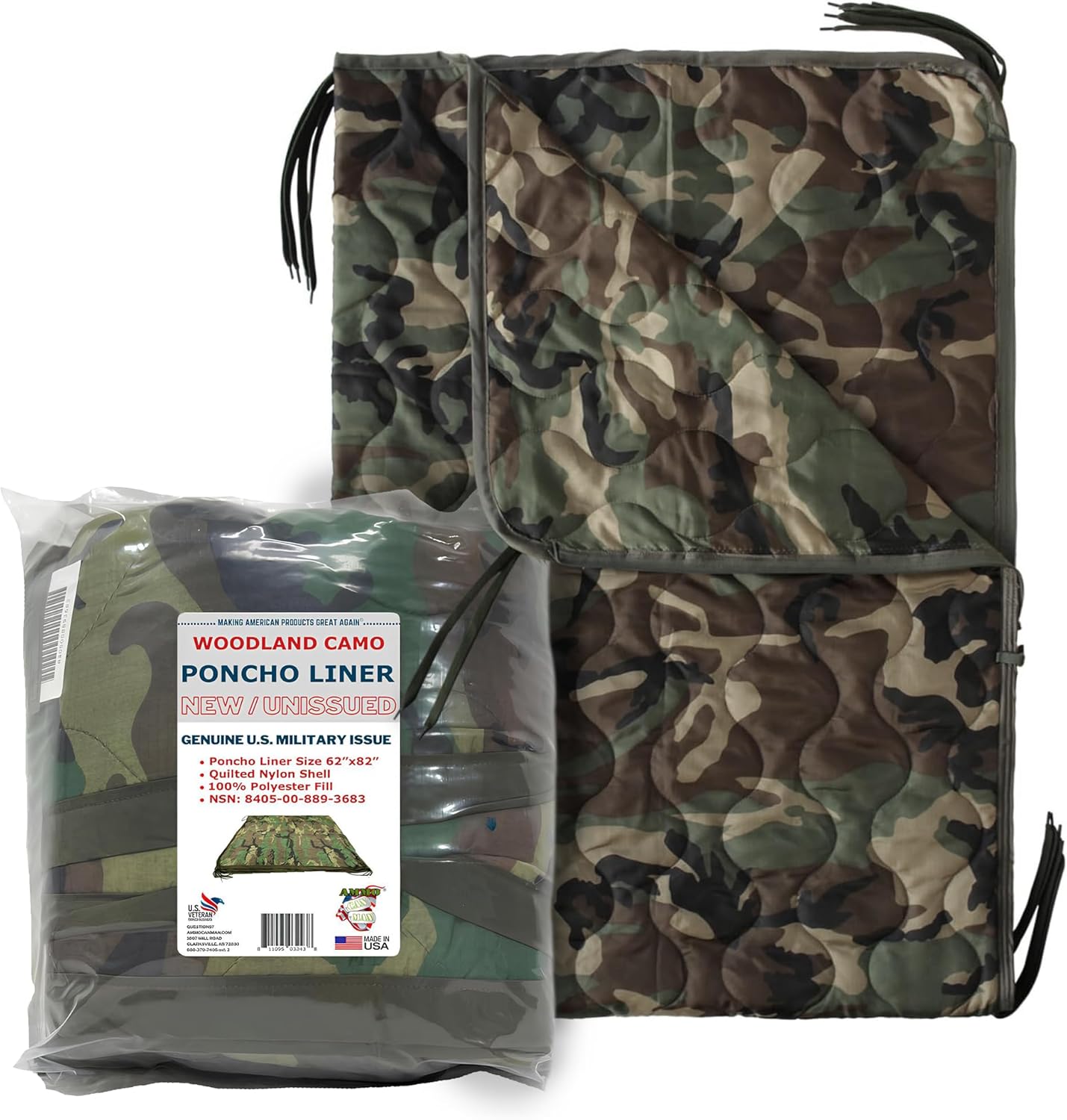 Woobie Poncho Liner - Quilted Nylon Tactical Blanket w/ 8 Pairs of Tie Cords - Woodland Camouflage Insulated Poncho Blanket for Men & Women - 82' x 62' x 0.1'