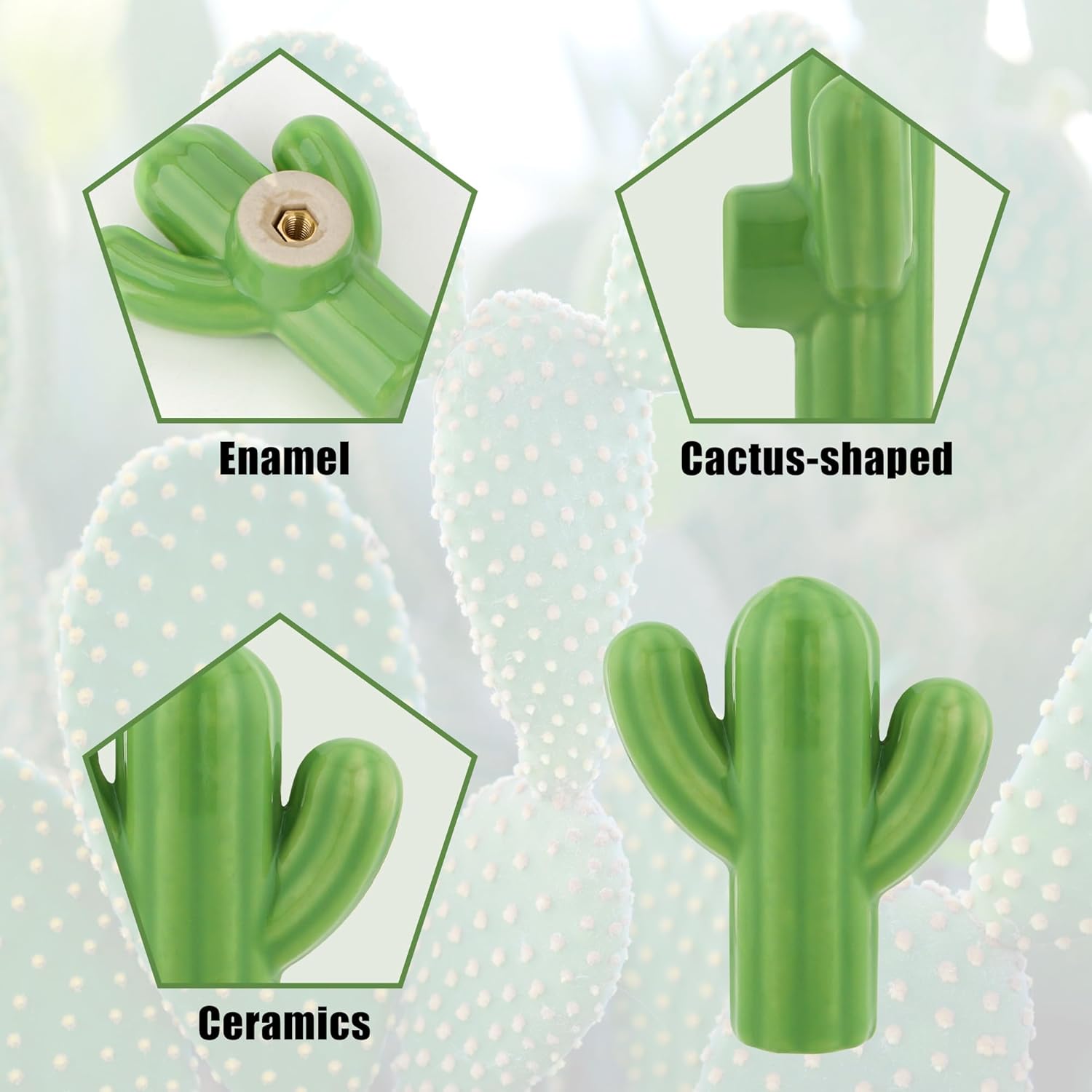 Ceramic Cabinet Green Drawer Knobs, Cactus Shaped Dresser Cute Kitchen Cabinet Pull Handles, 4 Pcs Small Vanity Knobs Hardware Wardrobe Handles Decorative Closet Cupboard Pulls