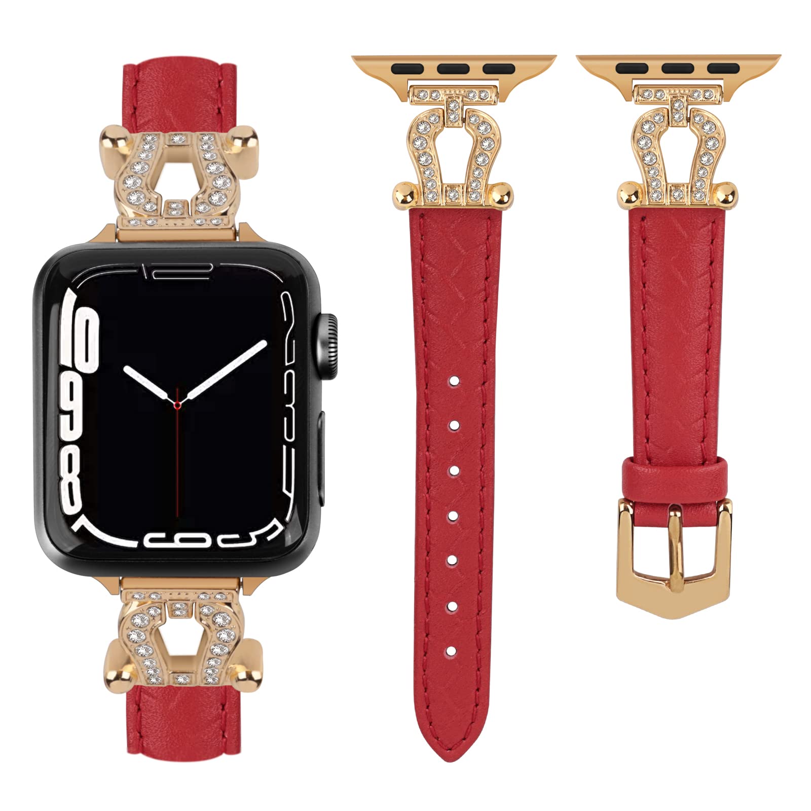 mxiixnai Leather Bands Compatible with Apple Watch Band Women 38mm 40mm 41mm,U-shape metal buckle with Bling Diamond for iWatch Bracelet series 8 7 6 5 4 3 2 1 SE(Red/Gold)