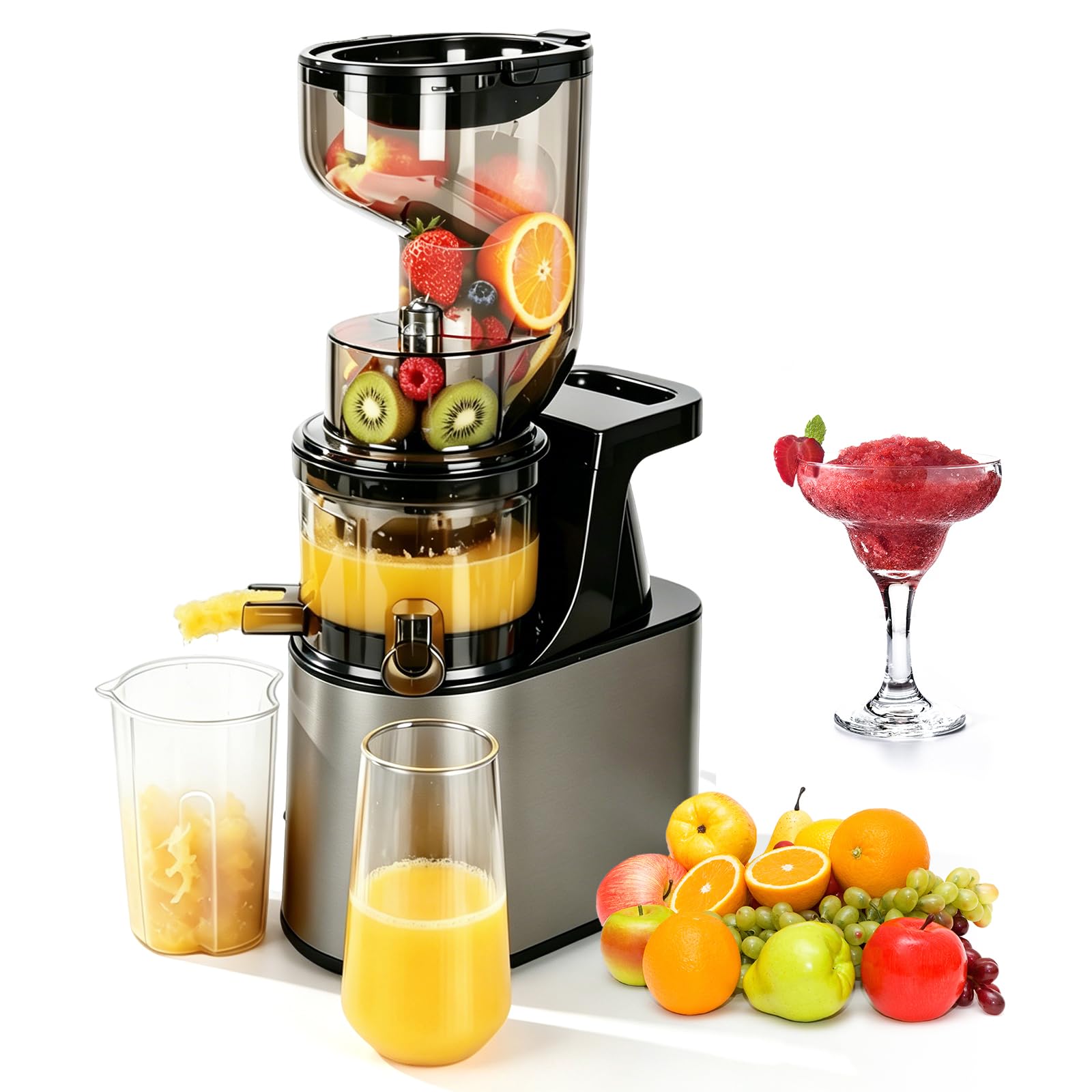 Extractor de Jugo Slow Juicer 1L, Entrada XXL de 160 mm | Hasta 97 % de Rendimiento, 2 Sistemas de Filtro para Zumo Sorbete Leche Vegetal & Helado de Frutas, Recetario Incluido