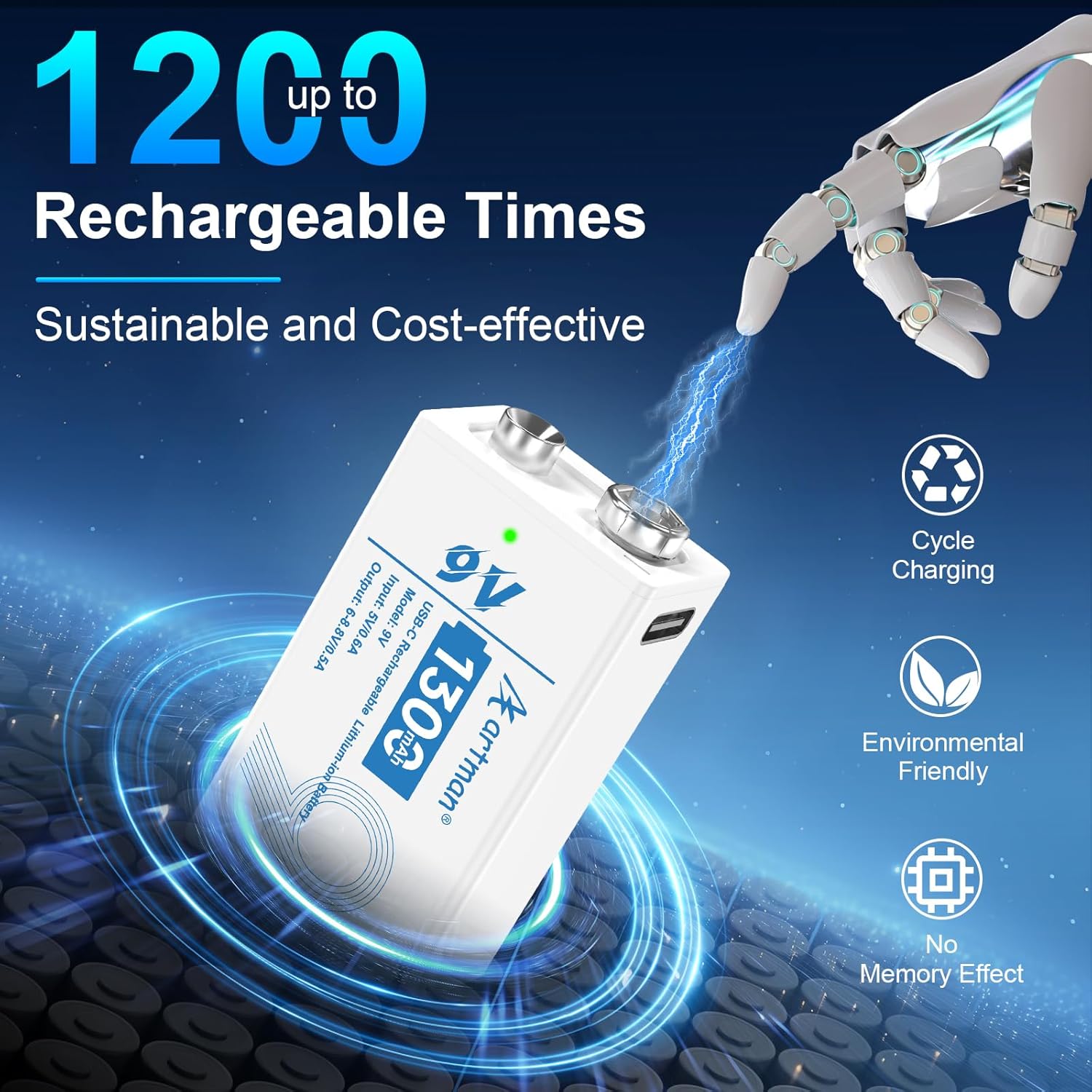 Artman Rechargeable 9V Batteries 8 Pack, 1300mAh 9 Volt Rechargeable Battery with 2-in-1 USB-C Fast Charging Cable, 9V Lithium Battery for Amoke Alarms, Smoke Detector, Microphones, 1200+ Cycle Life