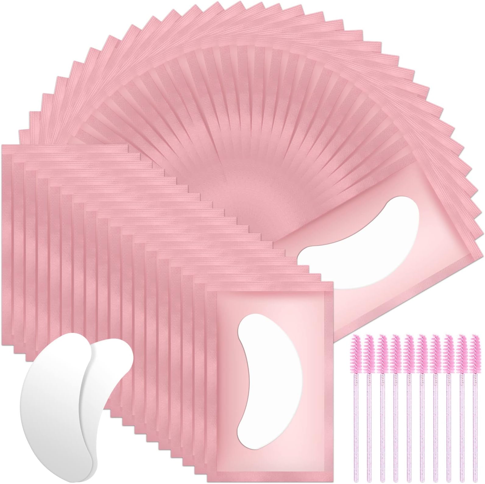 URAQT Eye Gel Pads, 50 Pairs Lint Free Patches With 10 Eyelash Brush, Under Eye Pads for Pro Salon and Individual Extension (Pink)