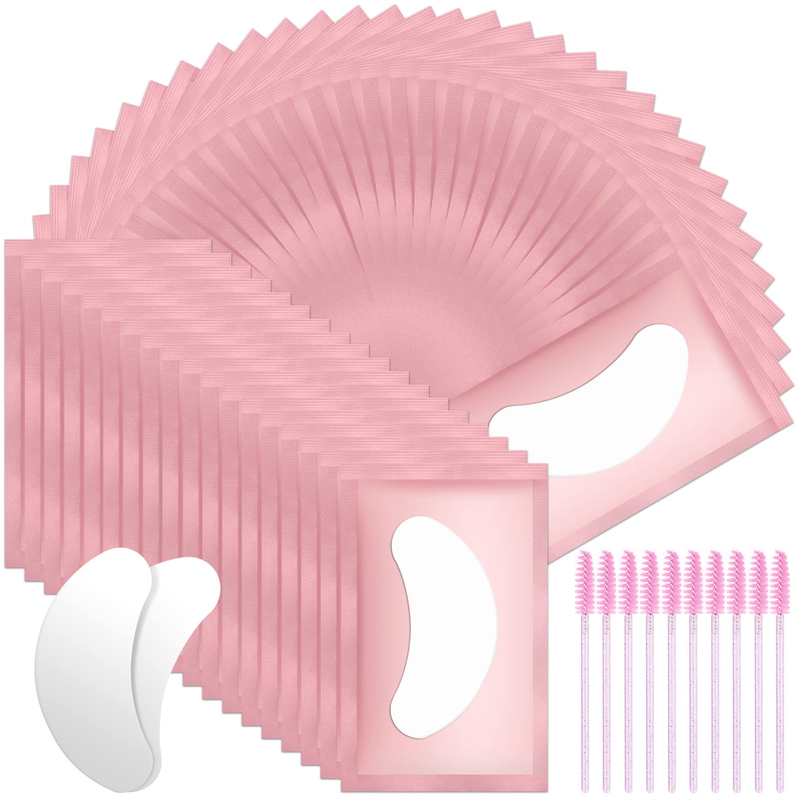 URAQT Eye Gel Pads, 50 Pairs Lint Free Patches With 10 Eyelash Brush, Under Eye Pads for Pro Salon and Individual Extension (Pink)