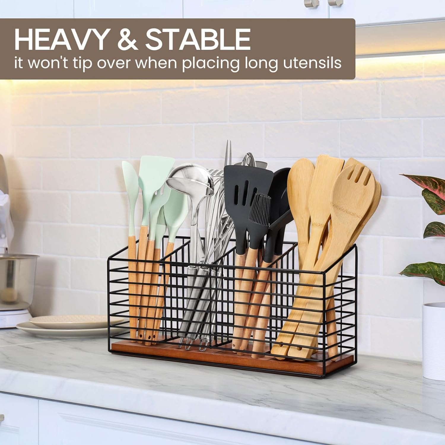 OGFC 5009 Large Utensil Holder for Kitchen Counter Black Metal Cooking VESSELS Organizer for Countertop 4 Compartments Kitchen Tools Holder for Spatula POTLID Crock Caddy 3