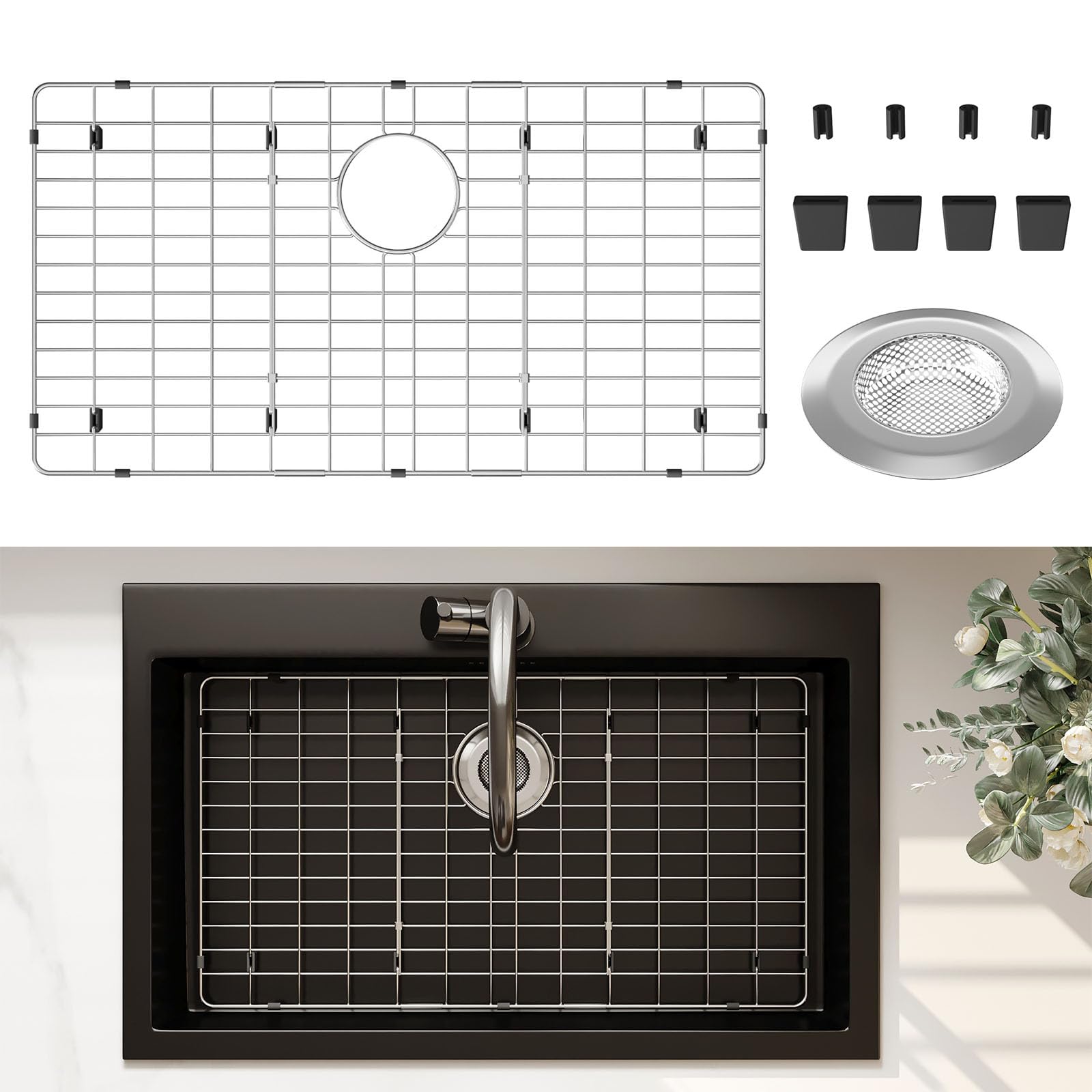 Photo 1 of Stainless Steel Sink Protector 28-3/4" x 15-3/4" with Rear Drain, Metal Sink Rack for Bottom of Sink, Kitchen Sink Grate and Sink Protectors with Sink Strainer (28-3/4" x 15-3/4" - Rear Drain)