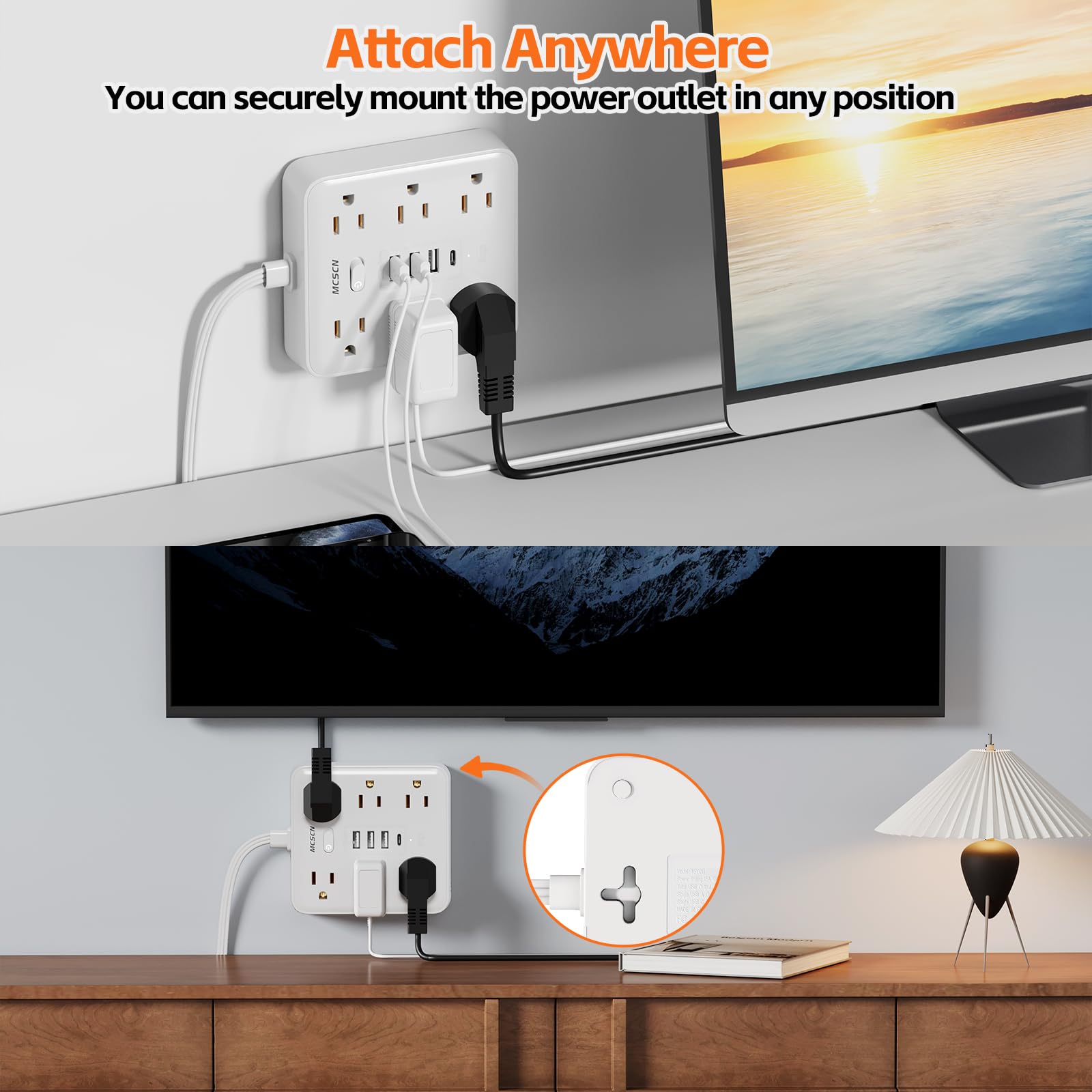 Stromleiste mit Überspannungsschutz (900J) – MCSCN – 6 Steckdosen mit 4 USB (1C) – 15 A / 1875 W – Verlängerung – ultradünner Stecker und Kabel – UL-zertifiziert – für Heimgebrauch und Computer