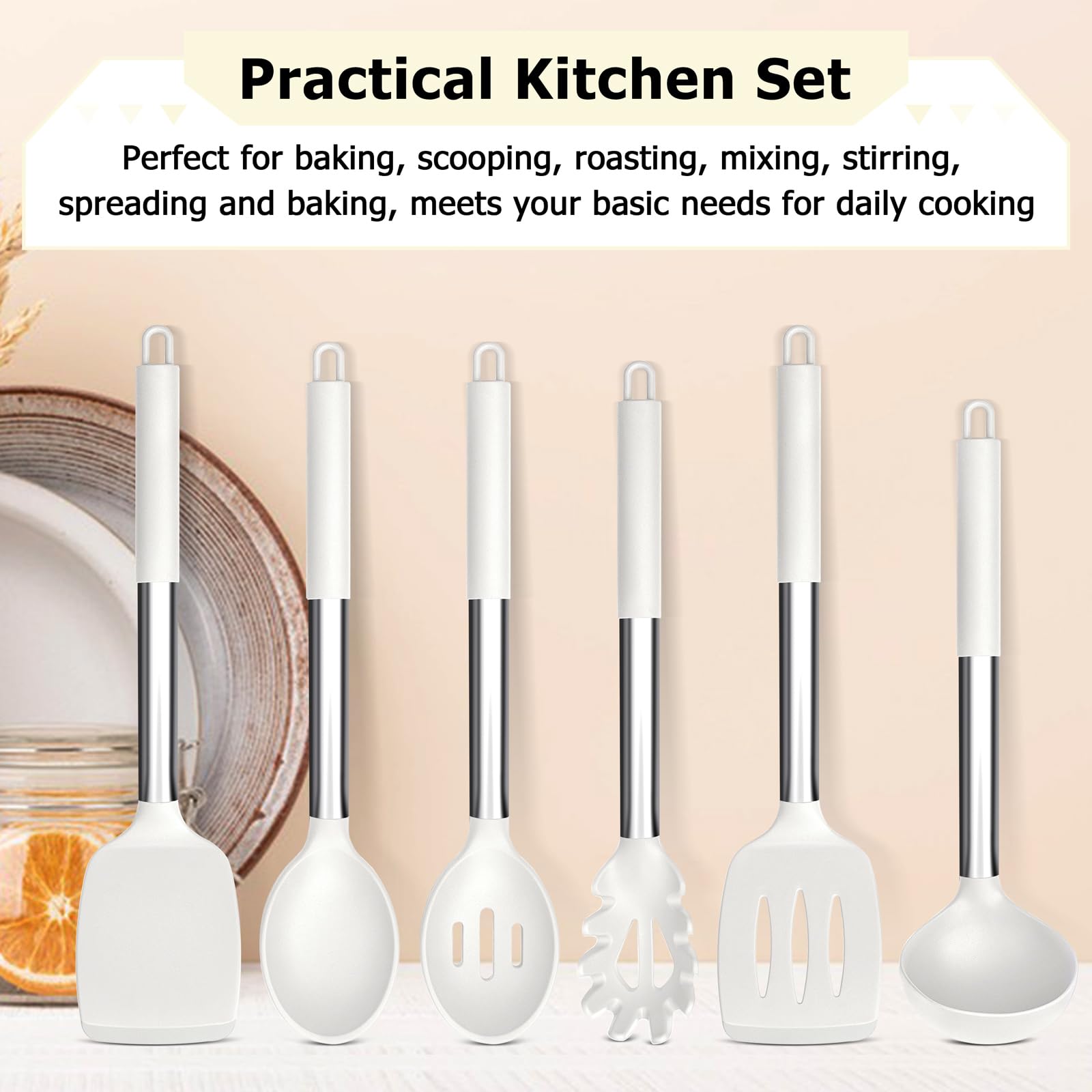 HaWare Kitchen Utensils Set, 6 Pcs Silicone White Cooking Utensils Include Ladle Turner Spoon Pasta Server - Image 4