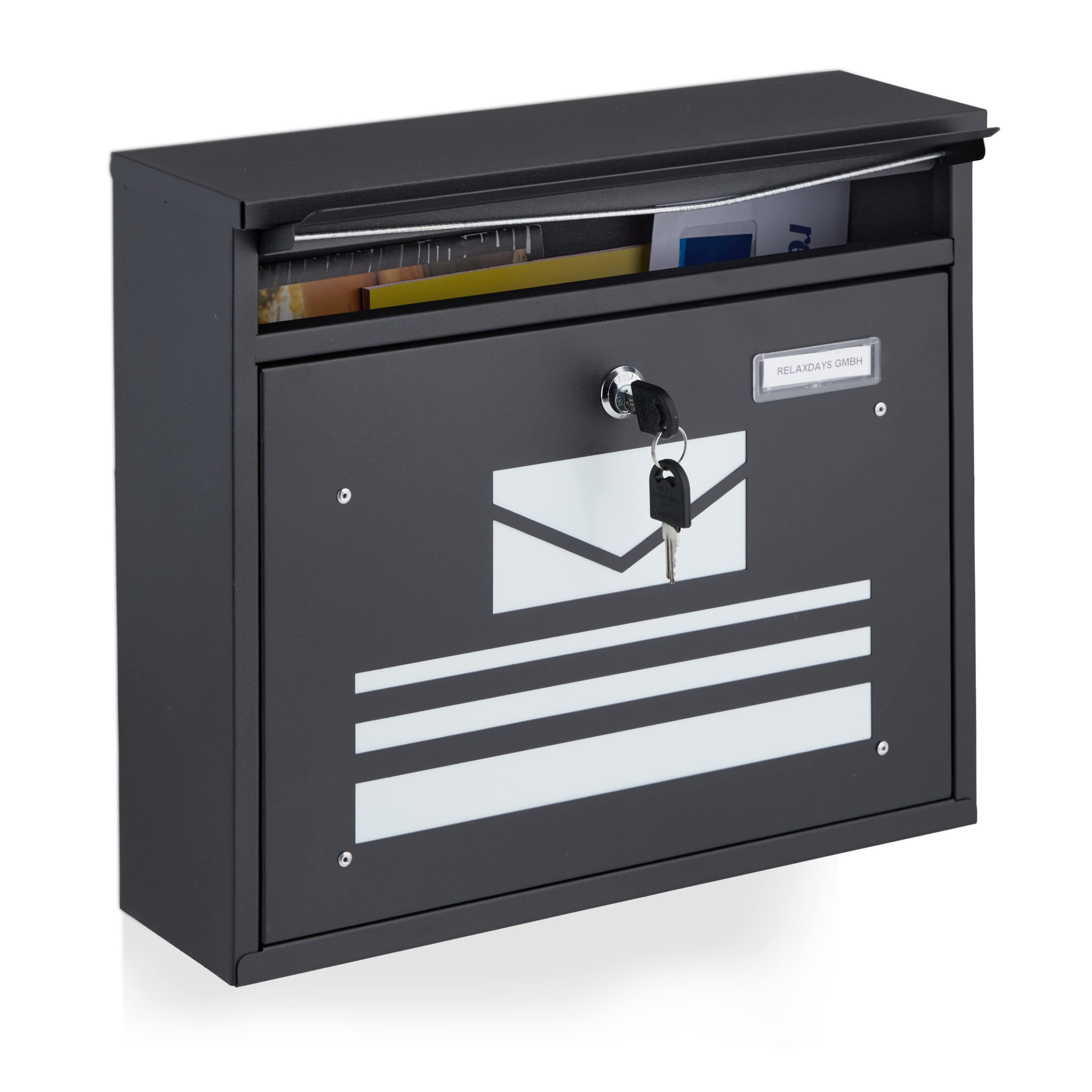 Relaxdays Mailbox with Newspaper Compartment, HxWxD 31 x 36 x 11 cm, 2 Keys, Steel, Modern Elegant Design, Silver/Black, Alloy