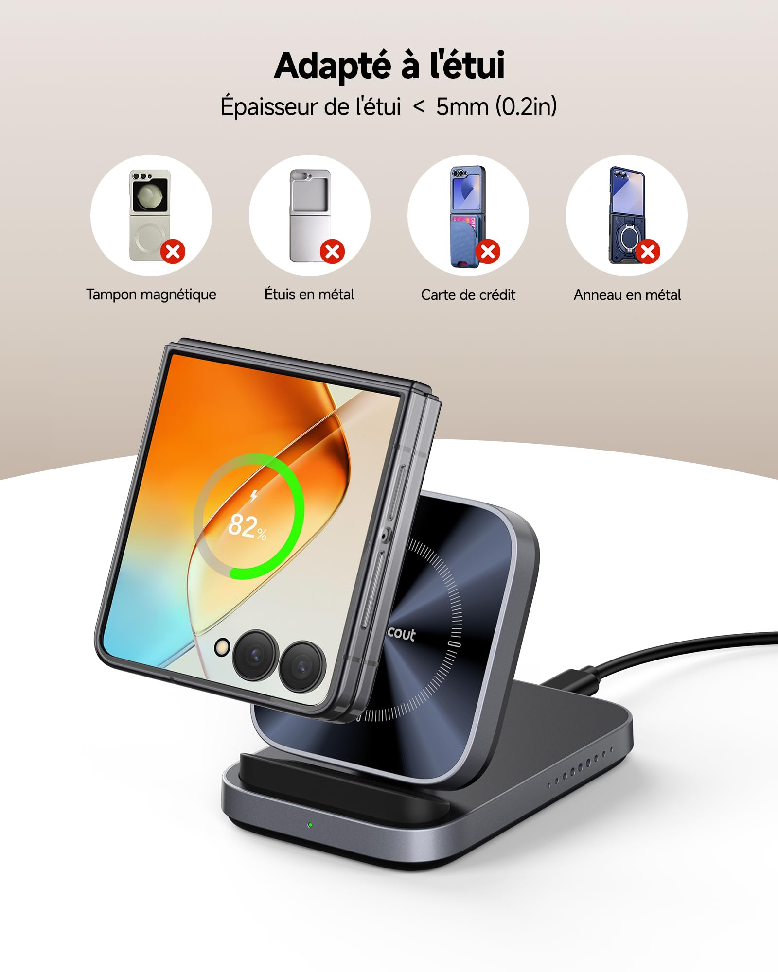 SwanScout Chargeur Induction pour Samsung Galaxy Z Flip 8/7 FE/7/6/5/4/3 | Chargeur sans Fil pour Motorola Razr 70 Ultra/70+/70/60/50/40/+, Pliable, Rapide Wireless Charger, 508F, Pas d'adaptateur