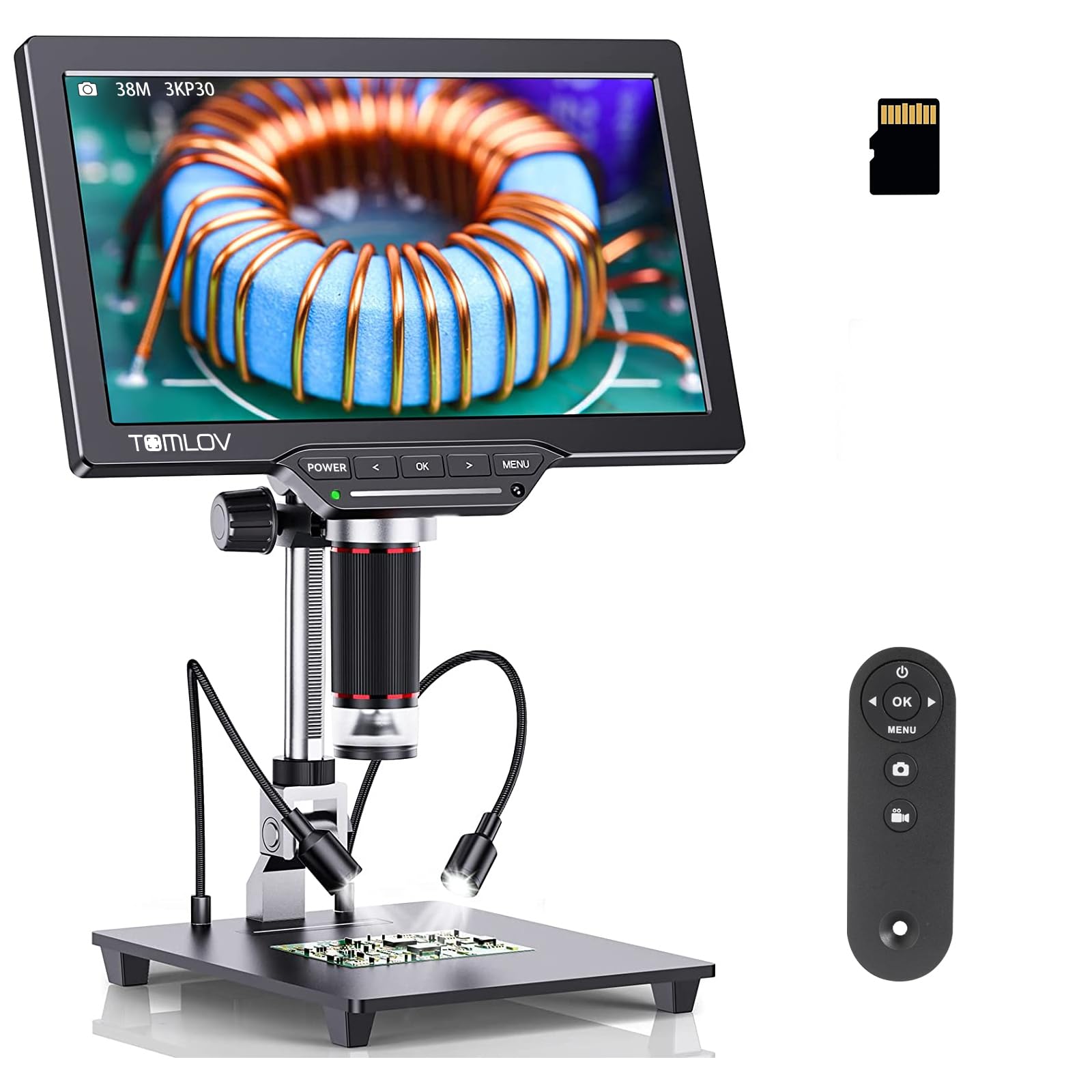 TOMLOV DM202 HDMI Microscopio Digital de 10,1 Pulgadas, 1080P Grabación de Vídeo 16MP LCD Lupa Digital para Soldando Monedas, con Luces LED Ajustables, Compatible con Windows/Mac/TV/Proyector