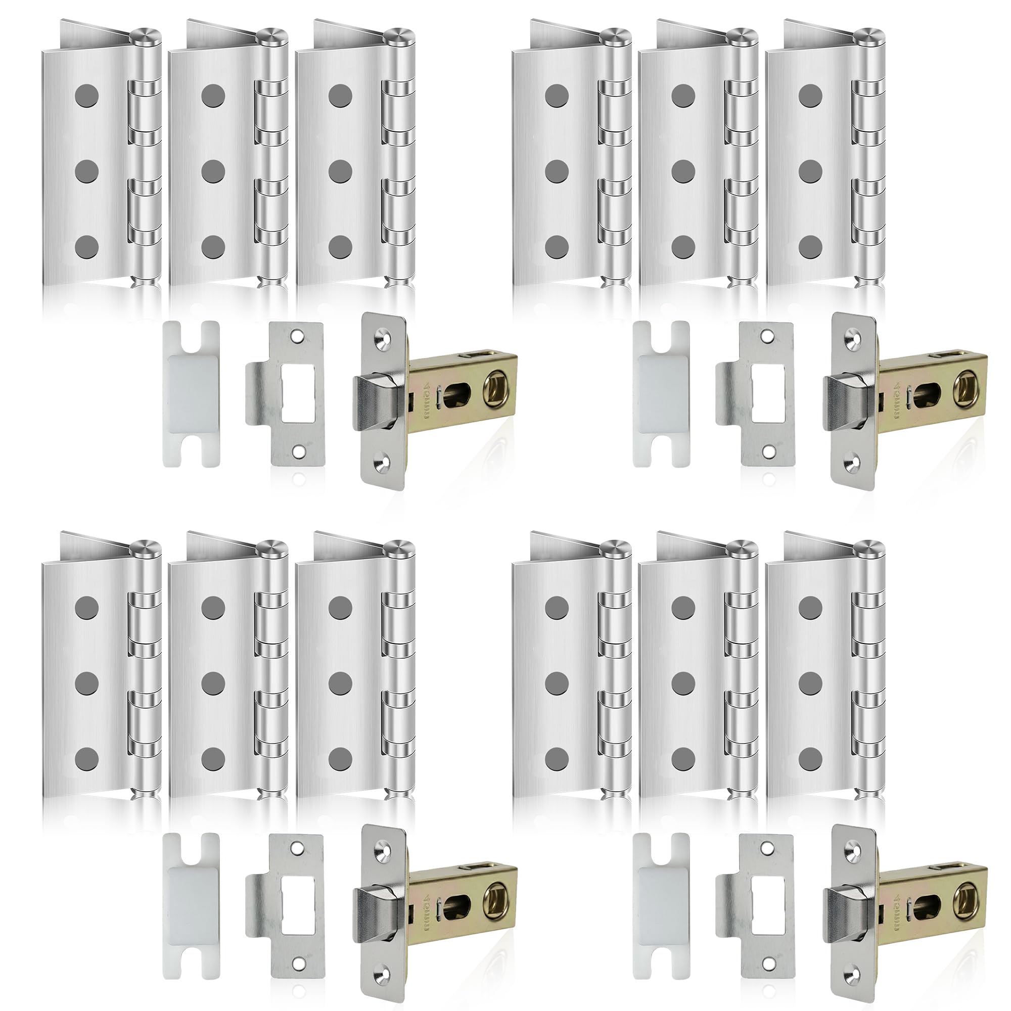 MSC Door Hardware Set – 4 Pack 45mm Tubular Mortice Latches & 12 Pack 3-Inch Stainless Steel Door Hinges with Screws – Heavy Duty, Rust-Resistant, Silent & Durable – Ideal for Internal Doors & Cabinet