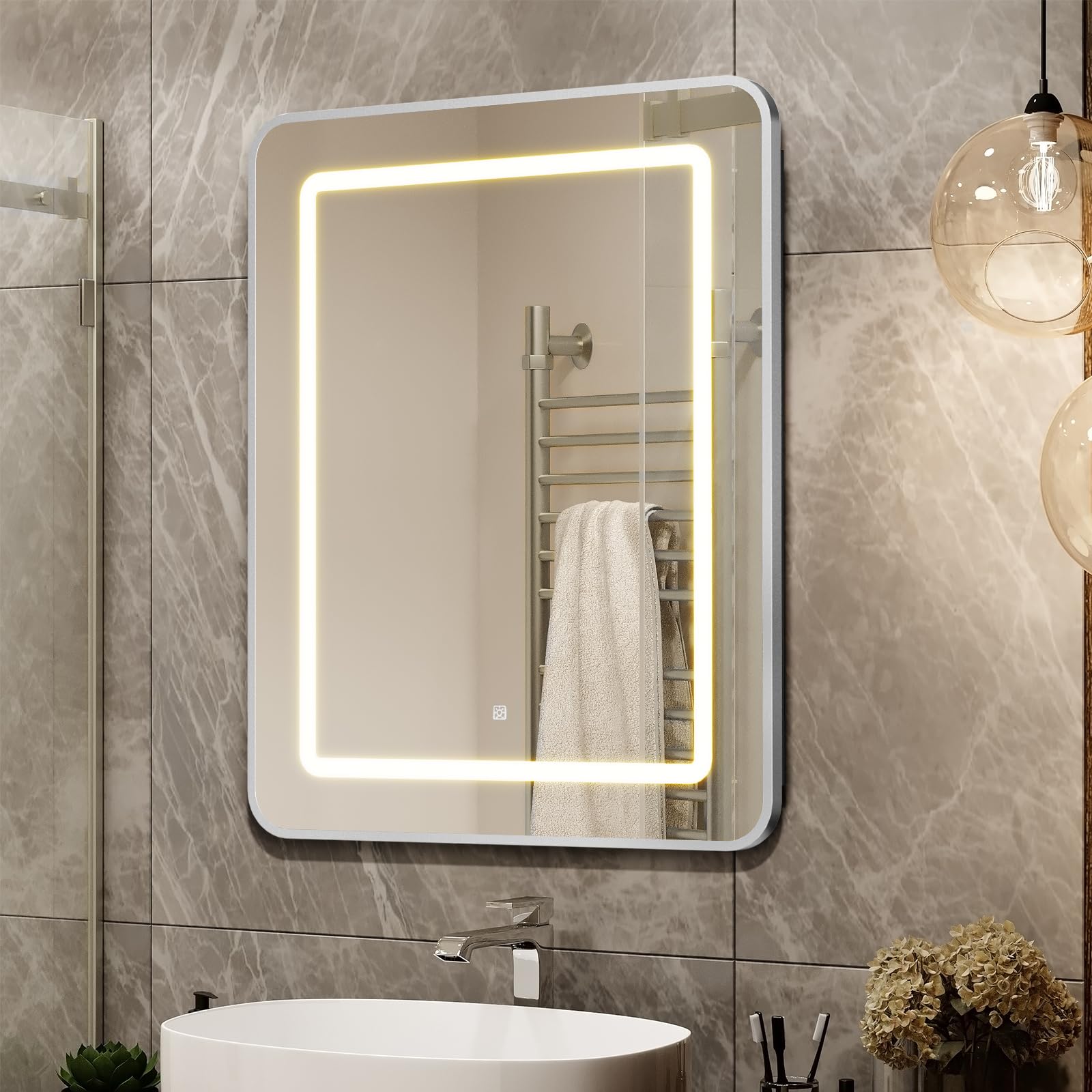 APRILSOUL 24X30 Inch Silver Bathroom Medicine Cabinet with Mirror, Recessed or Surface Lighted Medicine Cabinet with 3 Colors Temperature, Dimmable