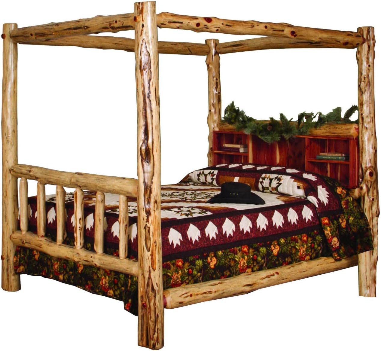 Furniture Barn USA- Twin Size Rustic Canopy Bed- Red Cedar Log- Amish Made with Bookshelf