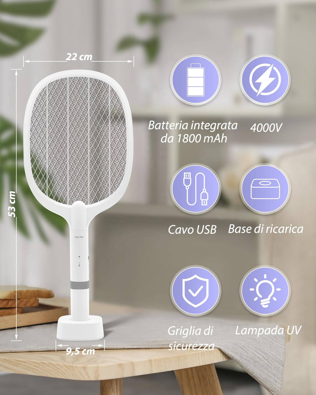 Racchetta Zanzare Elettrica Ricaricabile 4000V, Paletta Mosche con LED Viola, Batteria 1800mAh, Base di Ricarica USB, Griglia a 3 Strati, per Casa, Cucina, Giardino, Interni ed Esterni