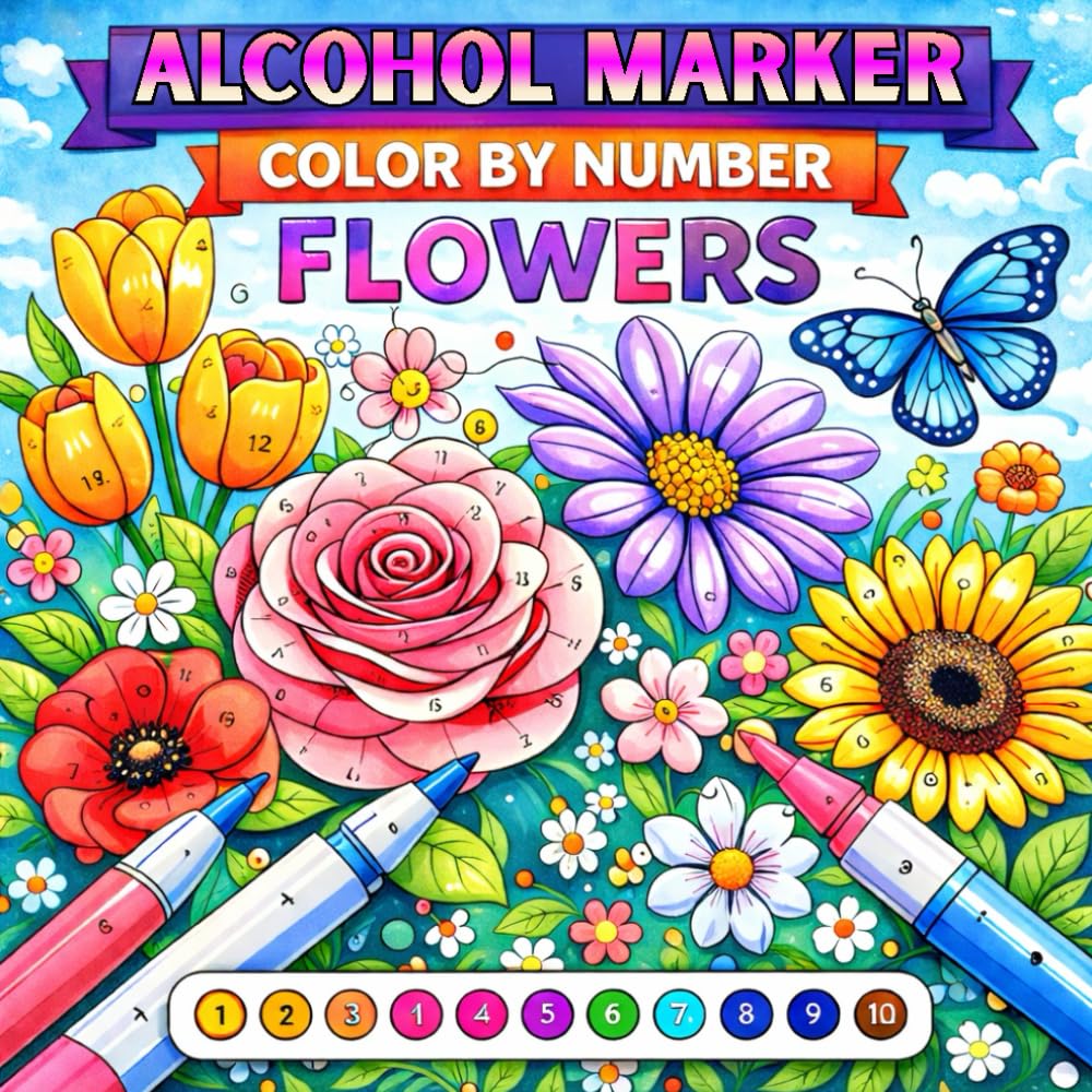 Alcohol Marker Color By Number Flowers: Bold and Easy Beautiful Flowers Fun Designs for Adults & Teens